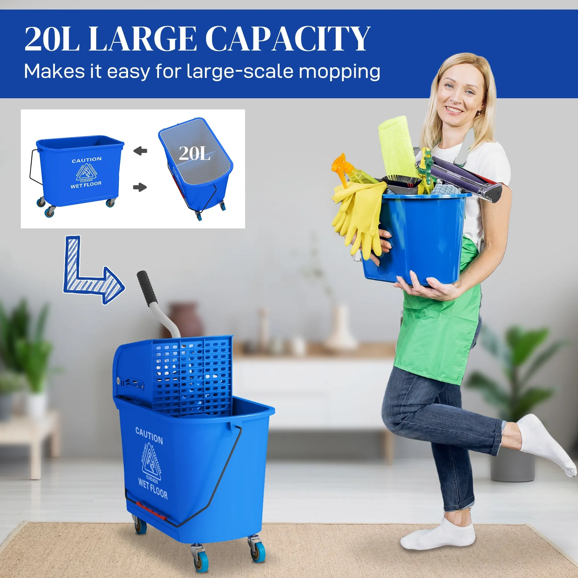 20L Mop Bucket with Wringer and Handle, Mop Bucket on Wheels for Floor Cleaning, Separate Dirty and Clean Water, Blue