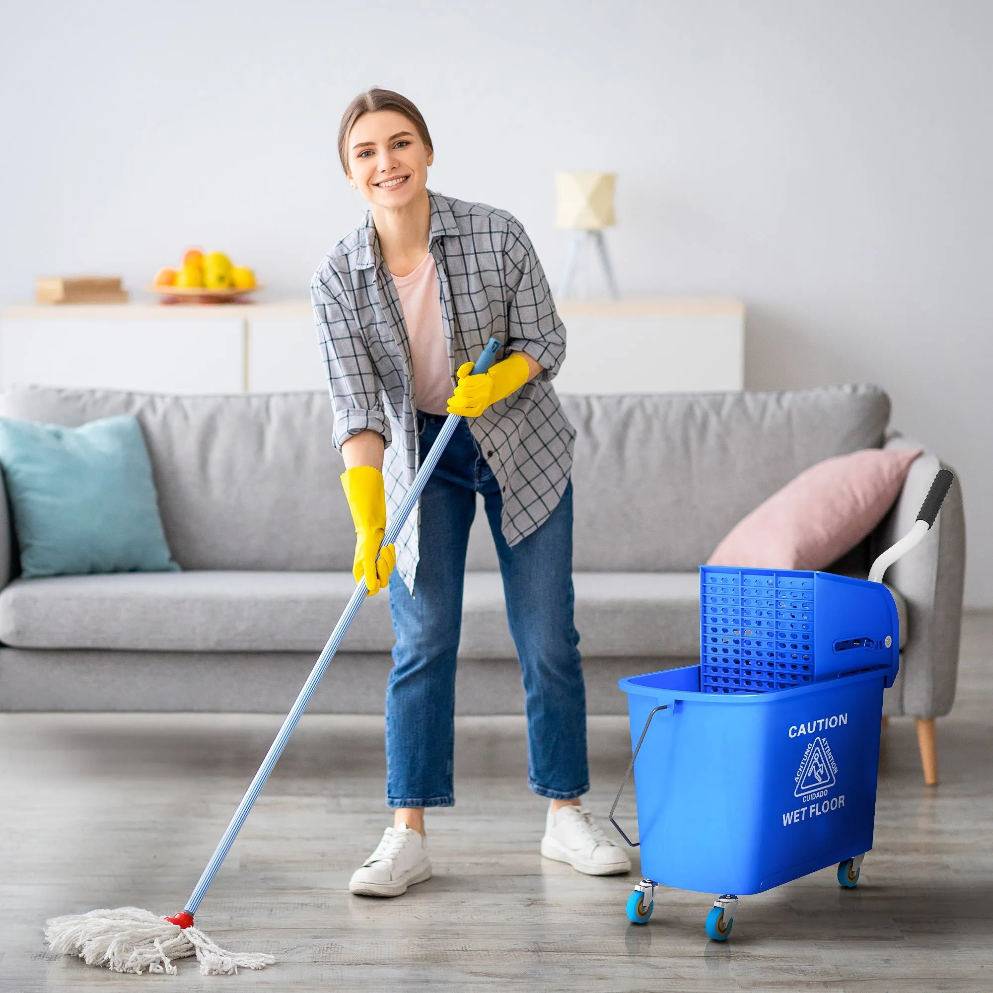 20L Mop Bucket with Wringer and Handle, Mop Bucket on Wheels for Floor Cleaning, Separate Dirty and Clean Water, Blue