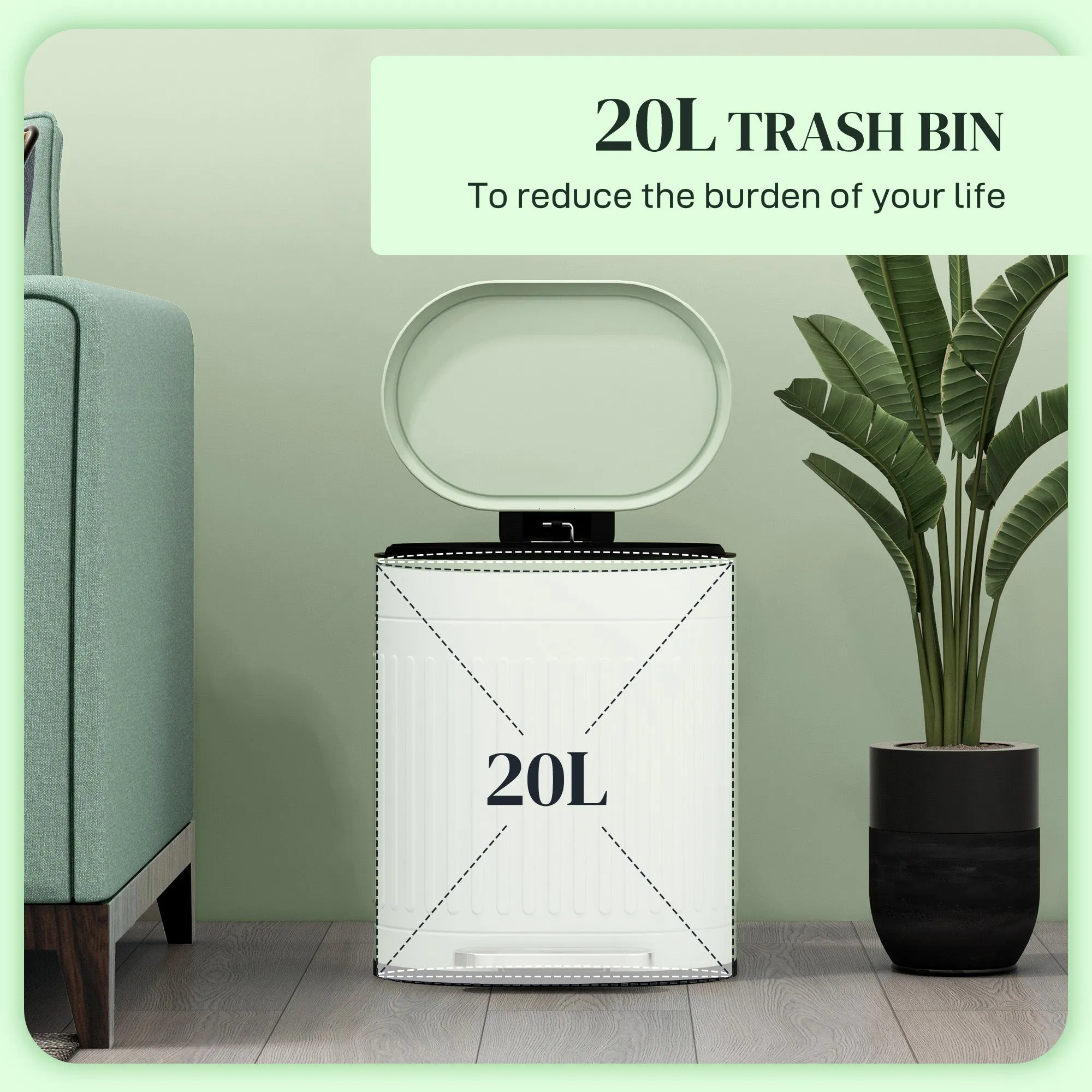 20L Pedal Bin, Metal Kitchen Bin with Soft-close Lid, Light Green