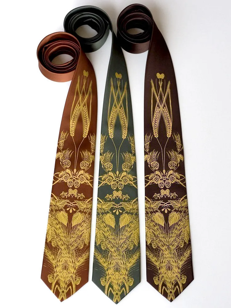 Beer Necktie. Hops & Wheat Print Silk Tie