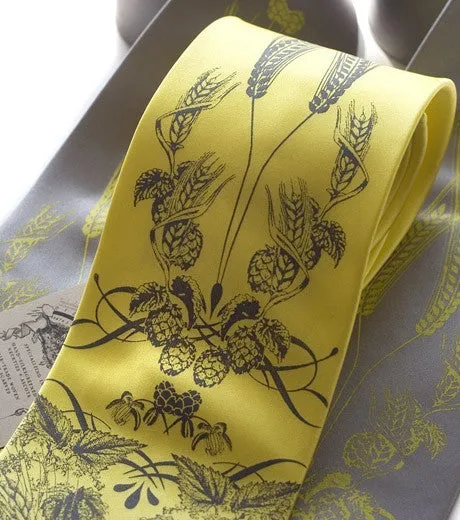 Beer Necktie. Hops & Wheat Print Silk Tie