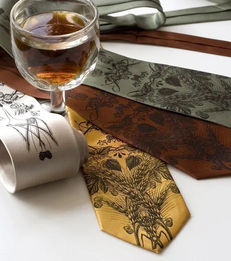 Beer Necktie. Hops & Wheat Print Silk Tie