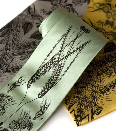 Beer Necktie. Hops & Wheat Print Silk Tie