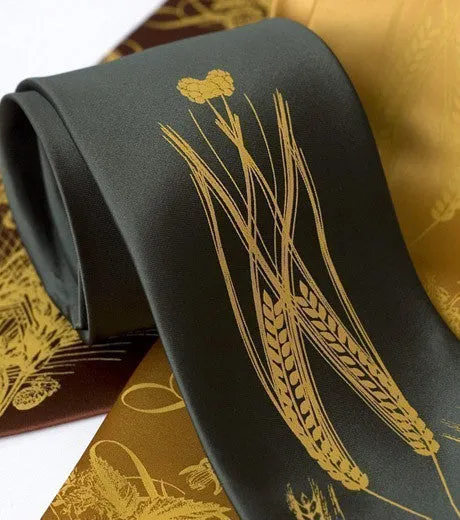 Beer Necktie. Hops & Wheat Print Silk Tie