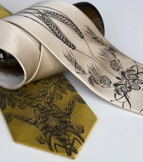 Beer Necktie. Hops & Wheat Print Silk Tie