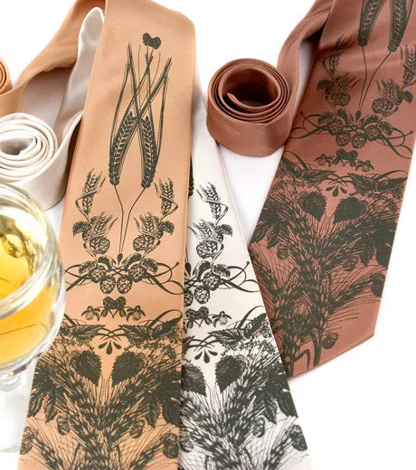 Beer Necktie. Hops & Wheat Print Silk Tie