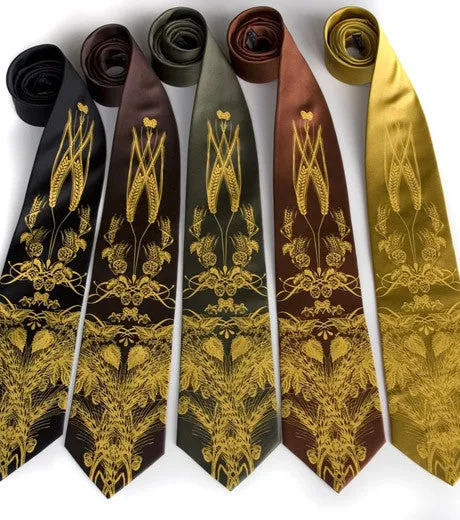 Beer Necktie. Hops & Wheat Print Silk Tie