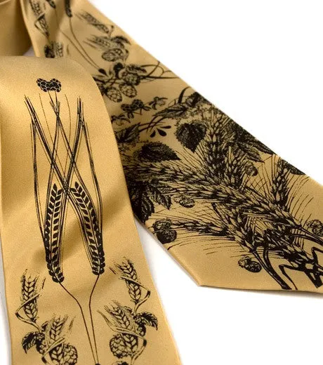 Beer Necktie. Hops & Wheat Print Silk Tie