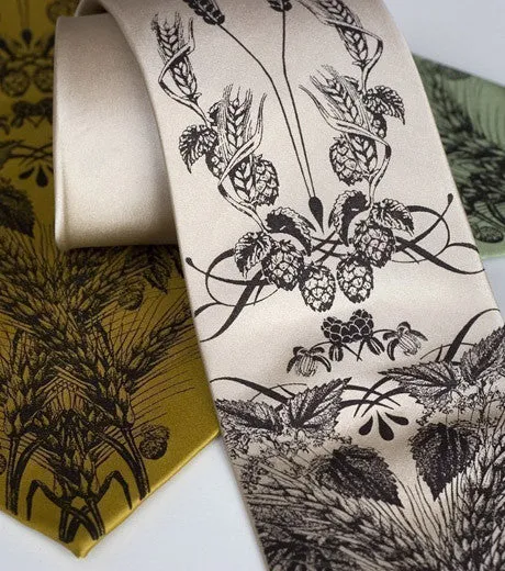 Beer Necktie. Hops & Wheat Print Silk Tie