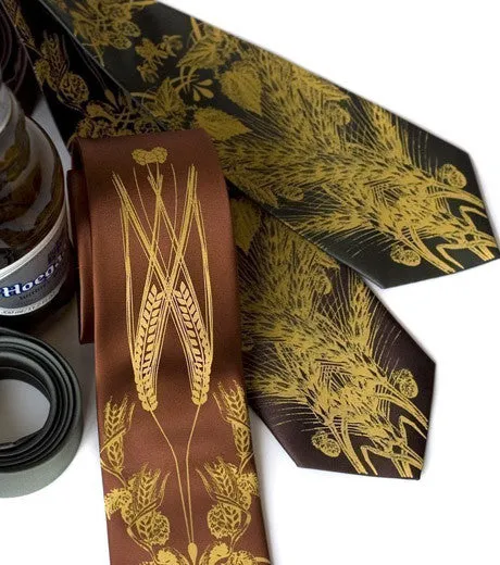 Beer Necktie. Hops & Wheat Print Silk Tie