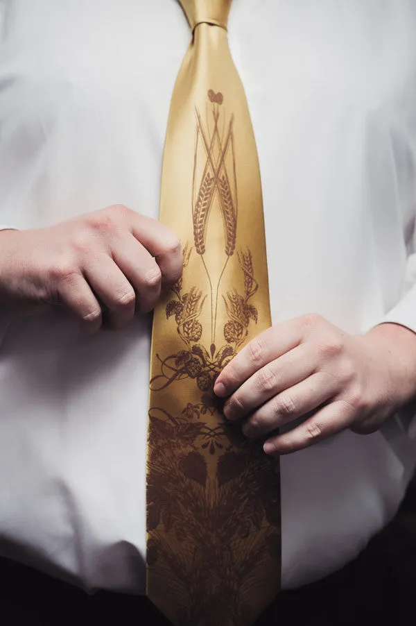 Beer Necktie. Hops & Wheat Print Silk Tie