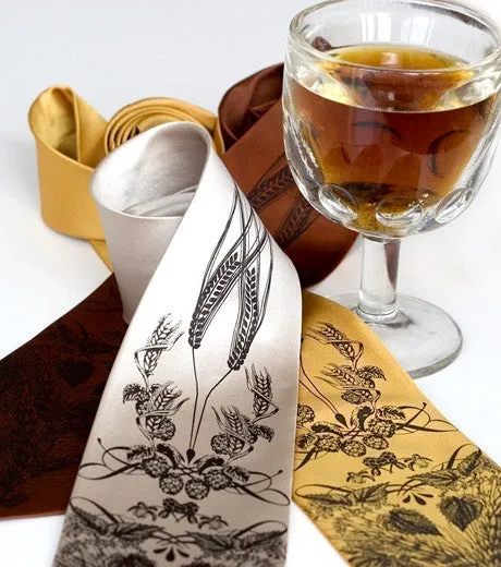 Beer Necktie. Hops & Wheat Print Silk Tie