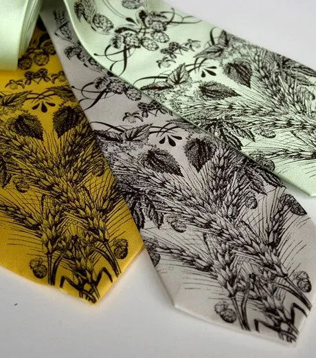 Beer Necktie. Hops & Wheat Print Silk Tie