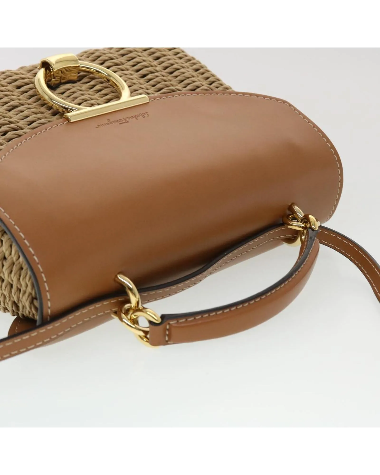 Beige Wood Shoulder Bag with Gancini Motif