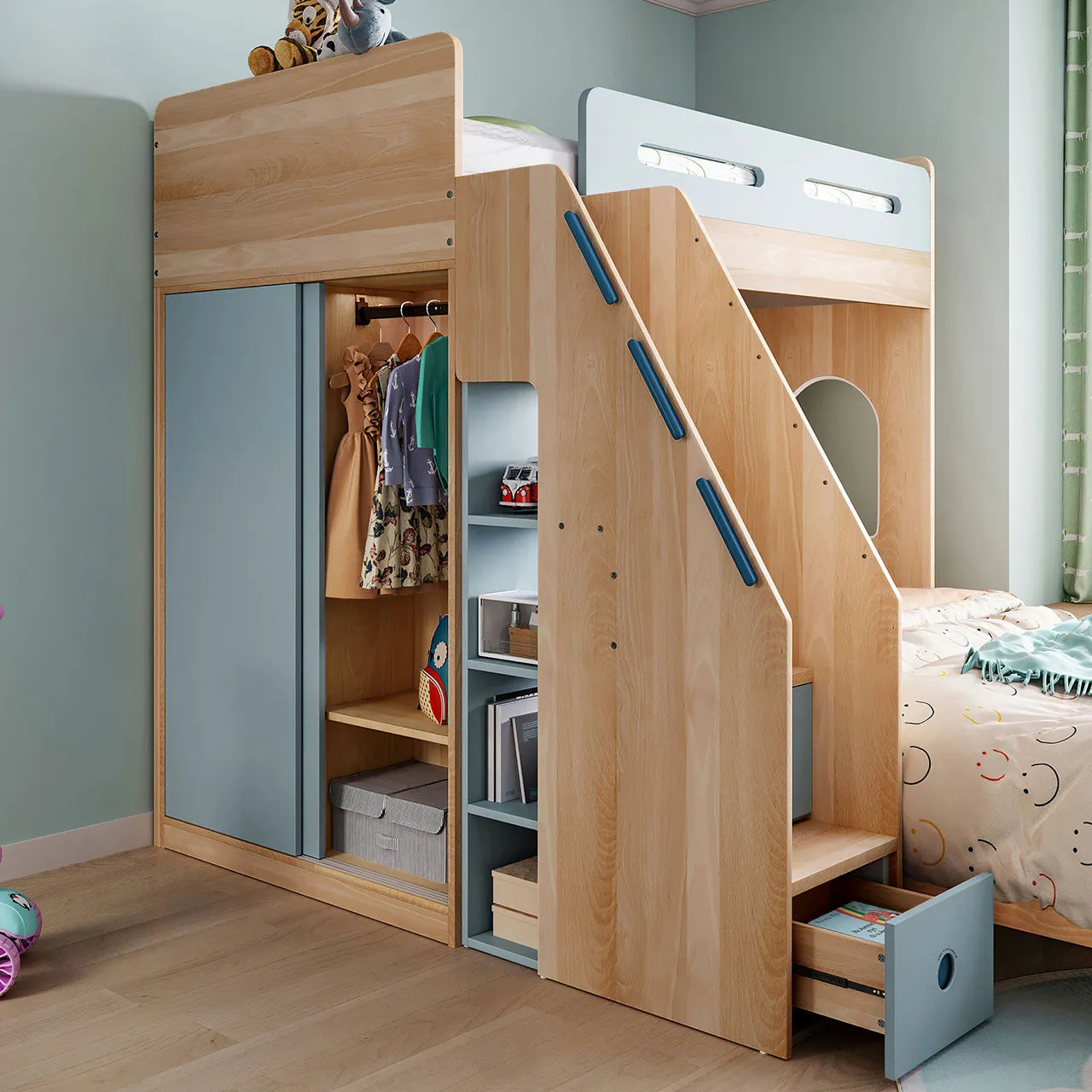 Blue Loft Bed with Mattress Set