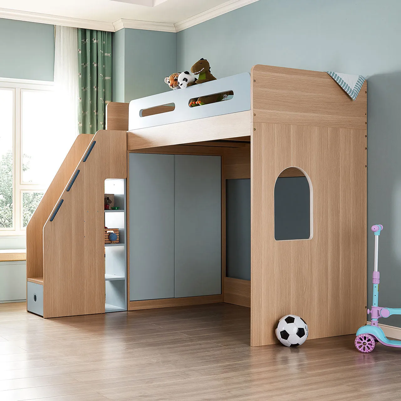 Blue Loft Bed with Mattress Set