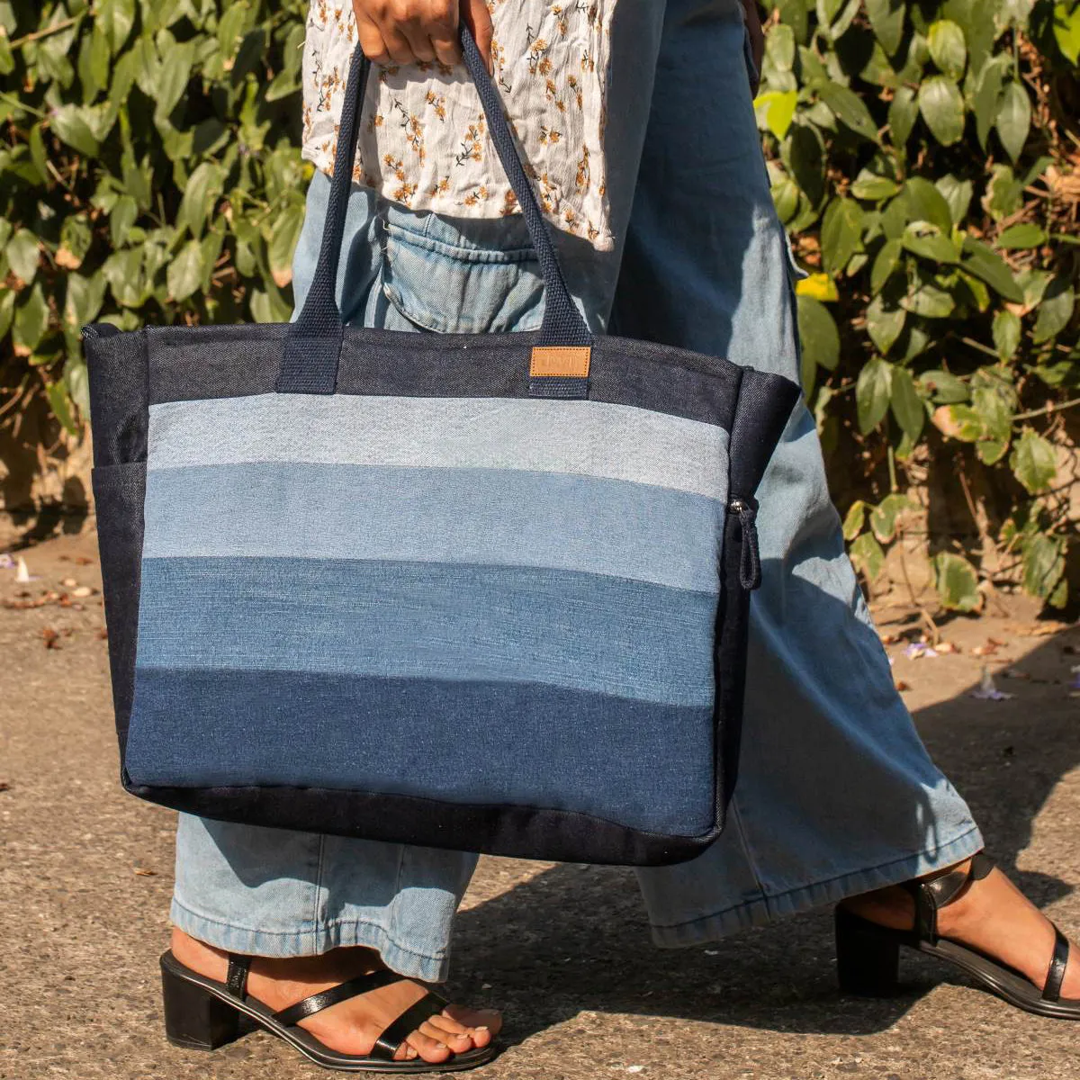 Blue - Upcycled Handcrafted Denim Jeans Ocean Laptop Tote