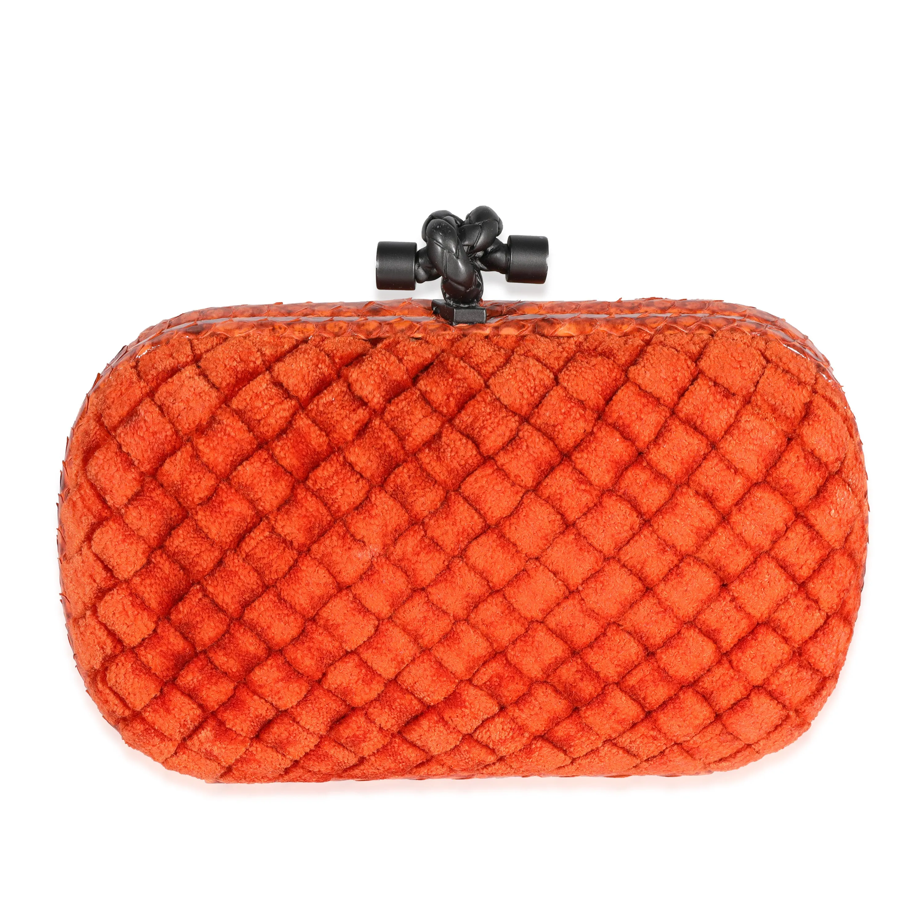 Bottega Veneta Orange Intrecciato Velvet & Python Knot Clutch