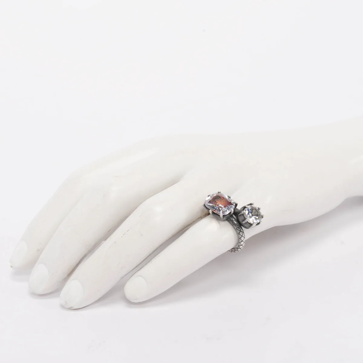 Bottega Veneta Oxidised Silver Double Crystal Ring