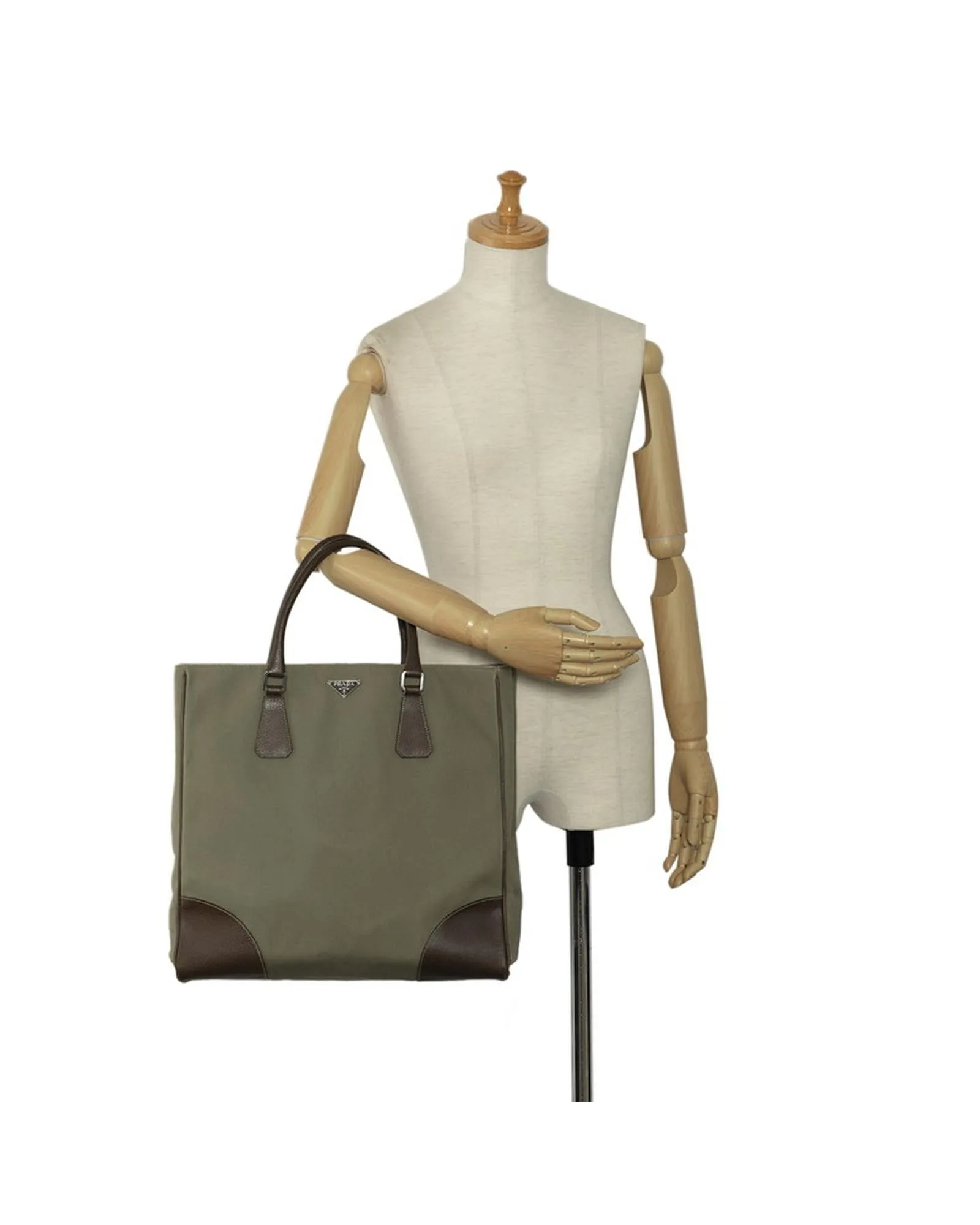 Canvas Leather Triangle Logo Tote Bag in Khaki Brown - Used A Condition