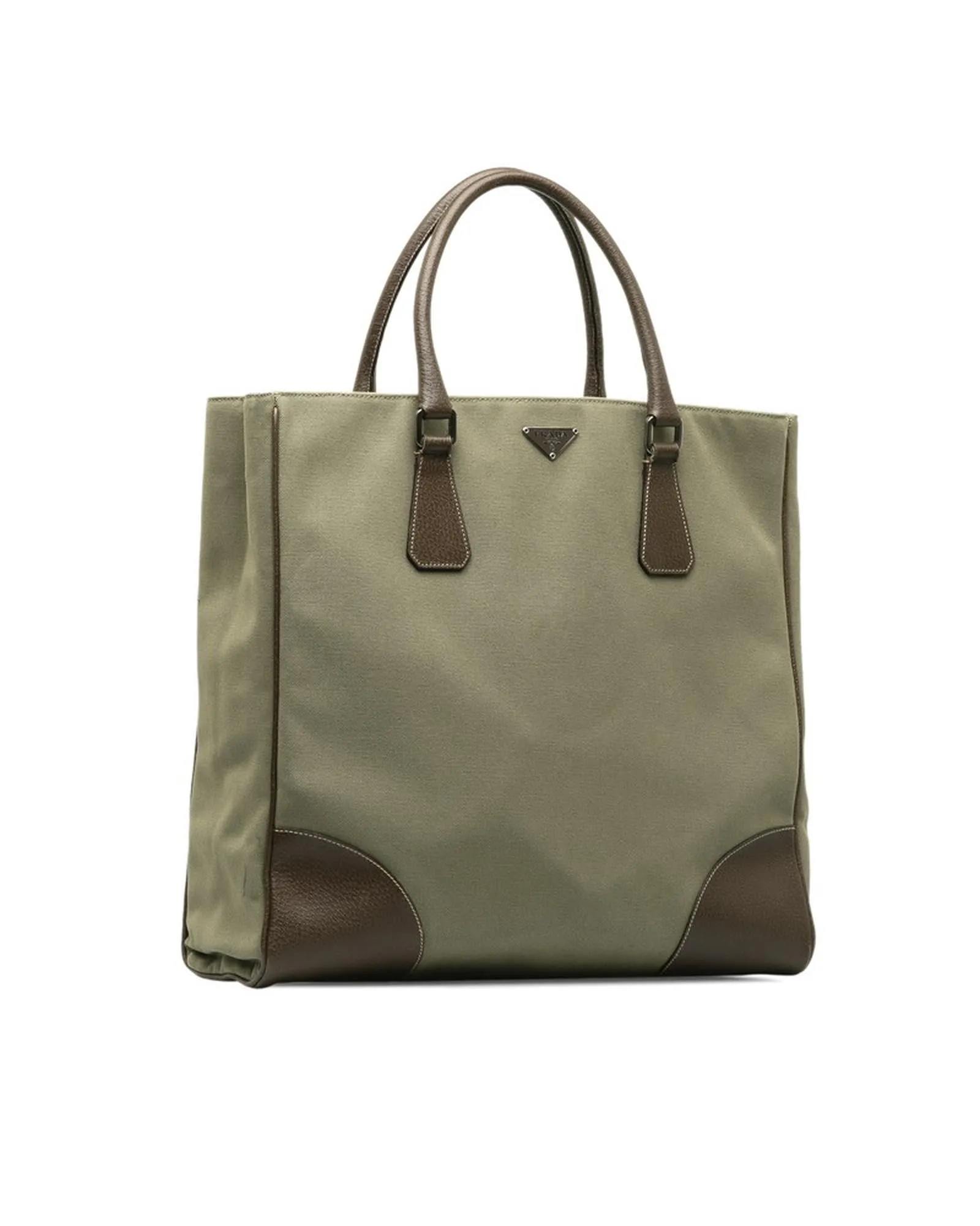 Canvas Leather Triangle Logo Tote Bag in Khaki Brown - Used A Condition