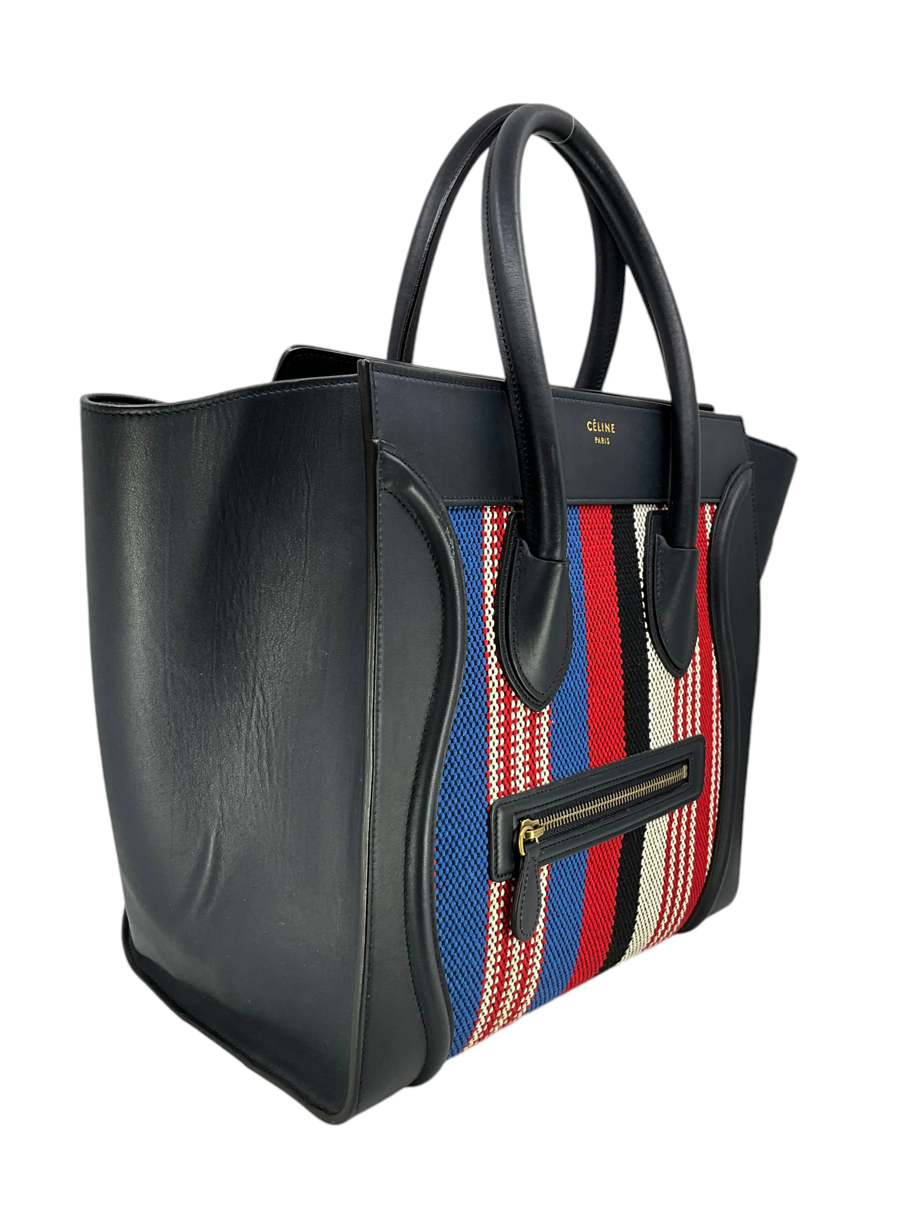 Celine Mini Luggage Calfskin Leather and Striped Canvas Tote Bag