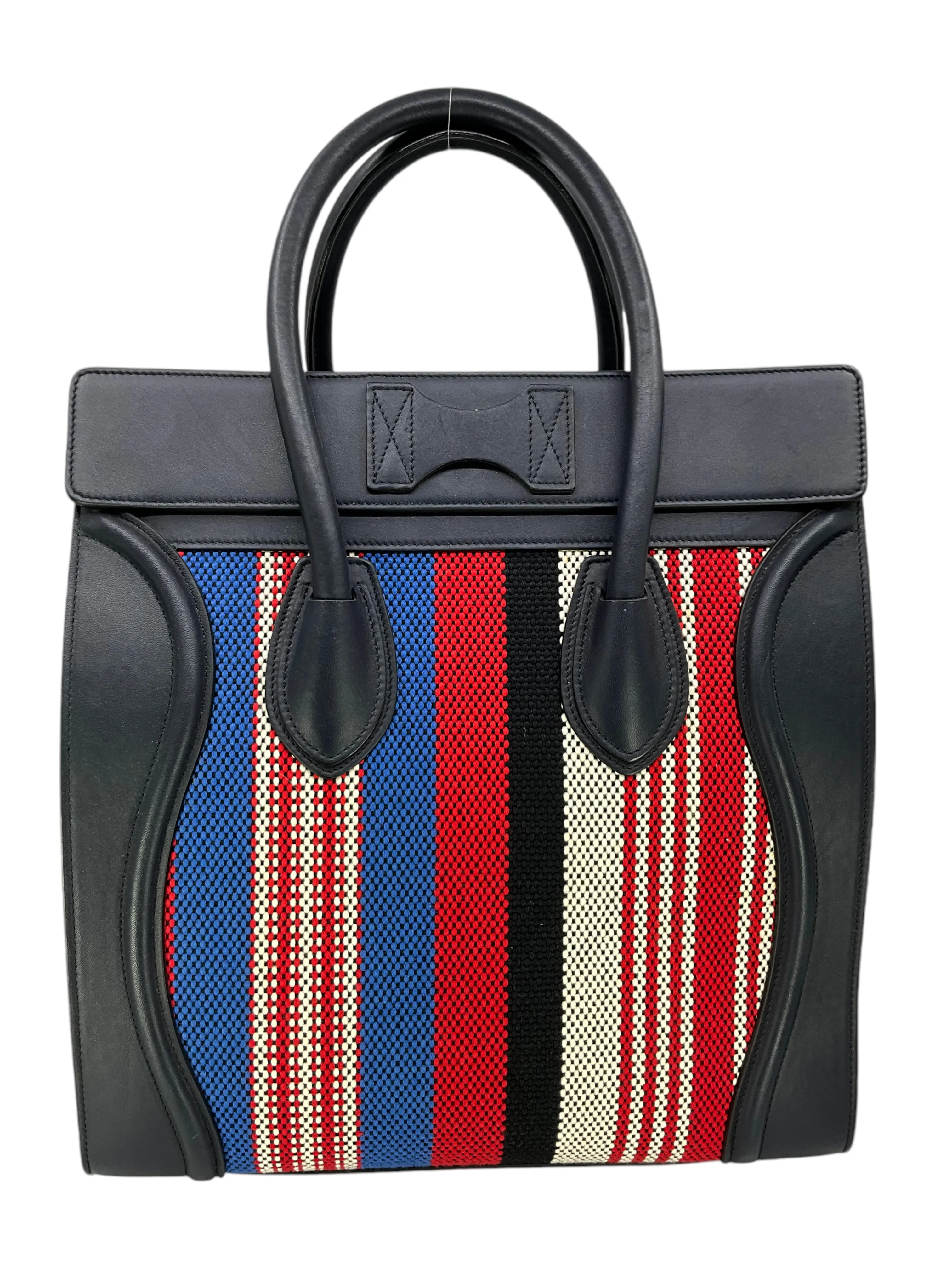 Celine Mini Luggage Calfskin Leather and Striped Canvas Tote Bag