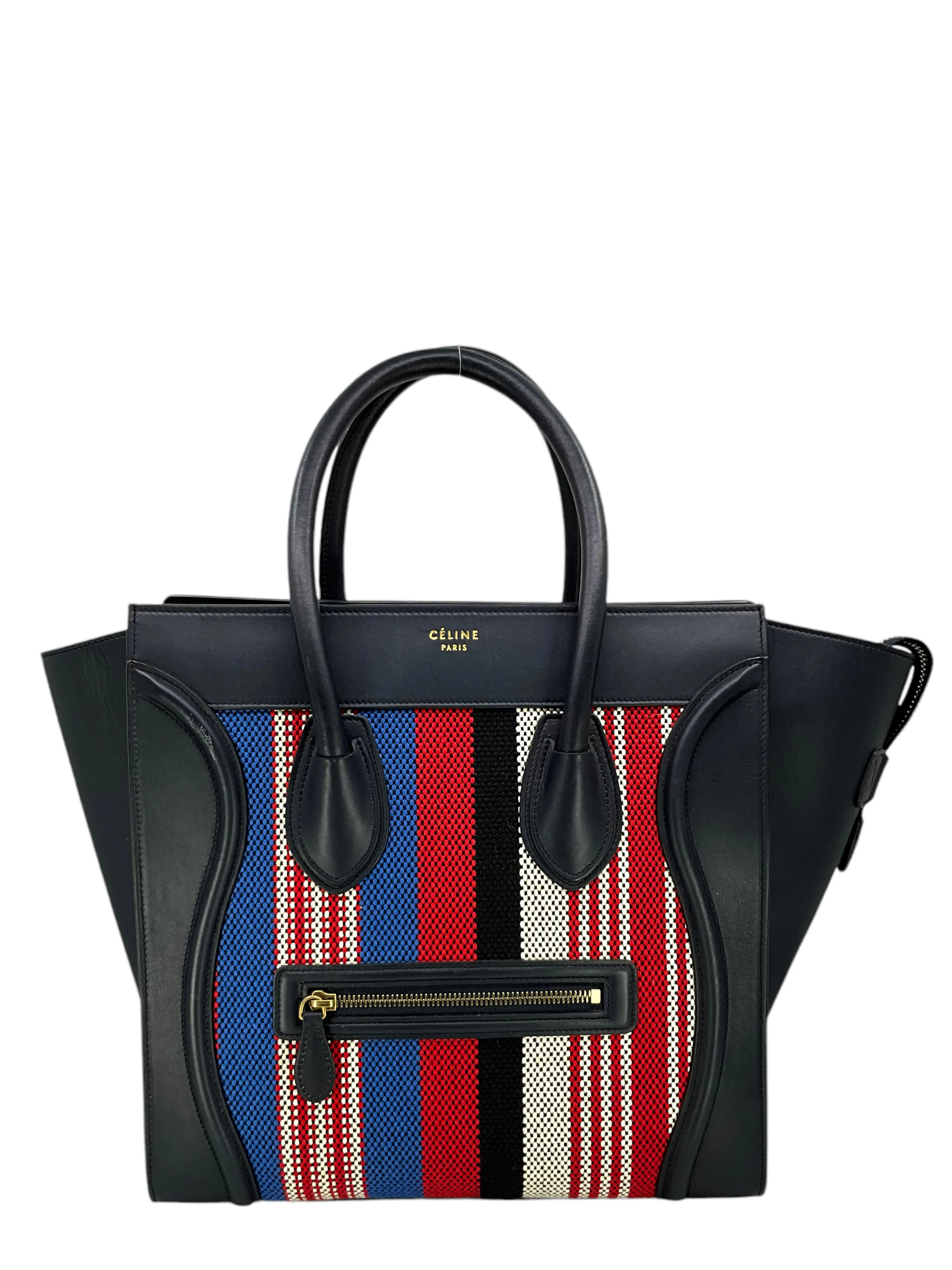 Celine Mini Luggage Calfskin Leather and Striped Canvas Tote Bag