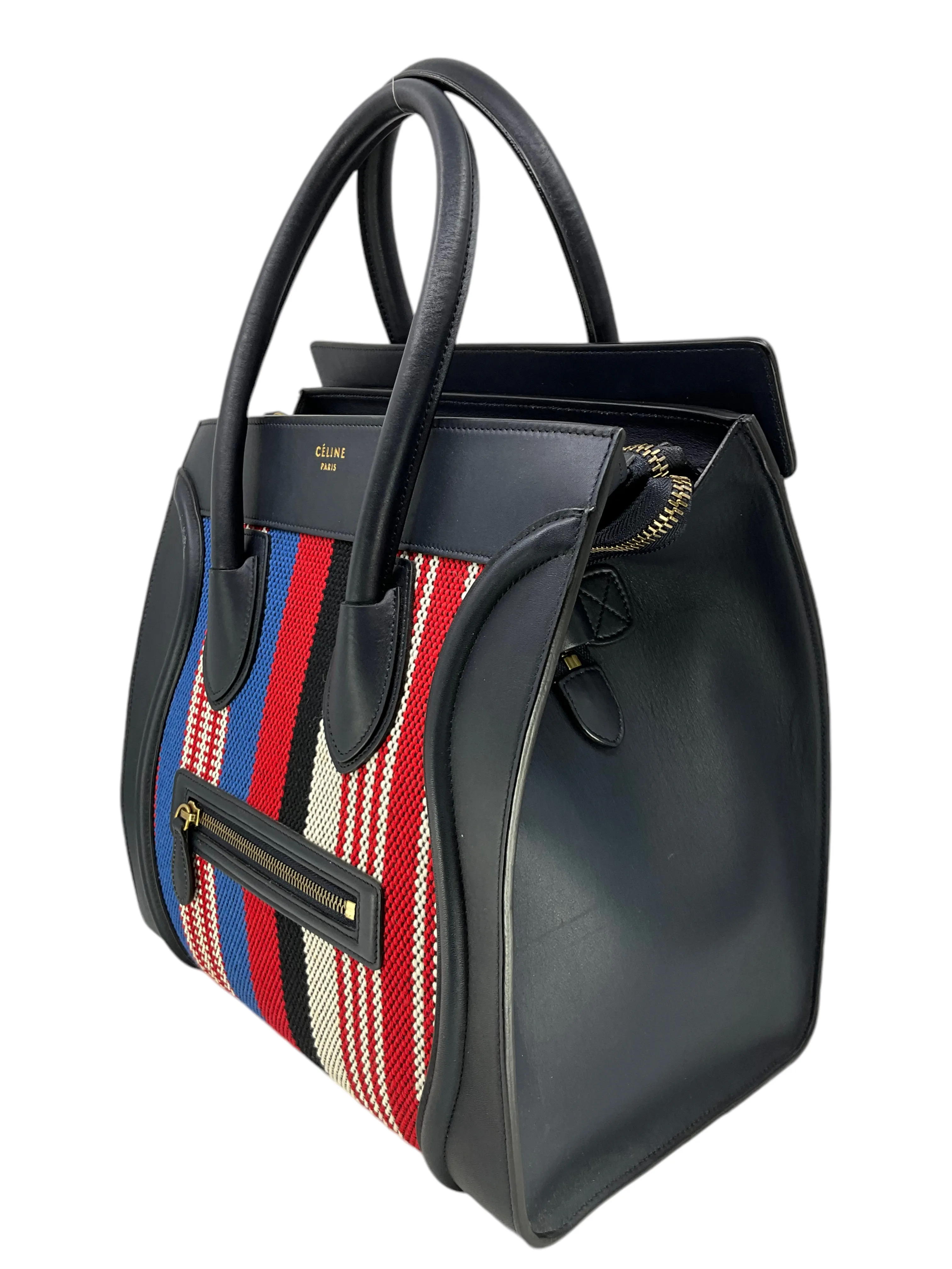 Celine Mini Luggage Calfskin Leather and Striped Canvas Tote Bag