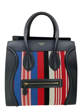 Celine Mini Luggage Calfskin Leather and Striped Canvas Tote Bag