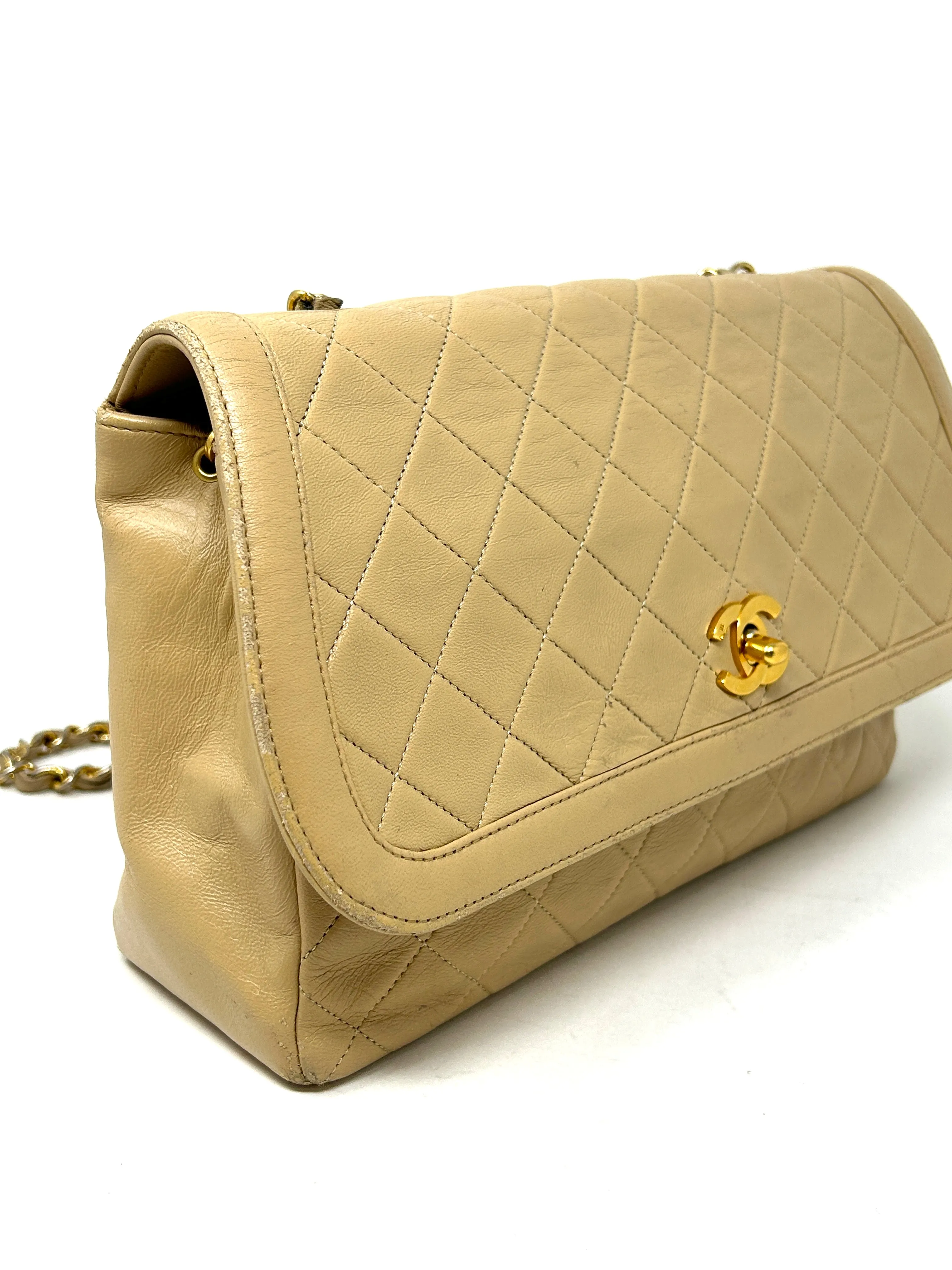 Chanel Beige Quilted Leather CC Logo Flap Shoulder Bag 24K Gold Plated