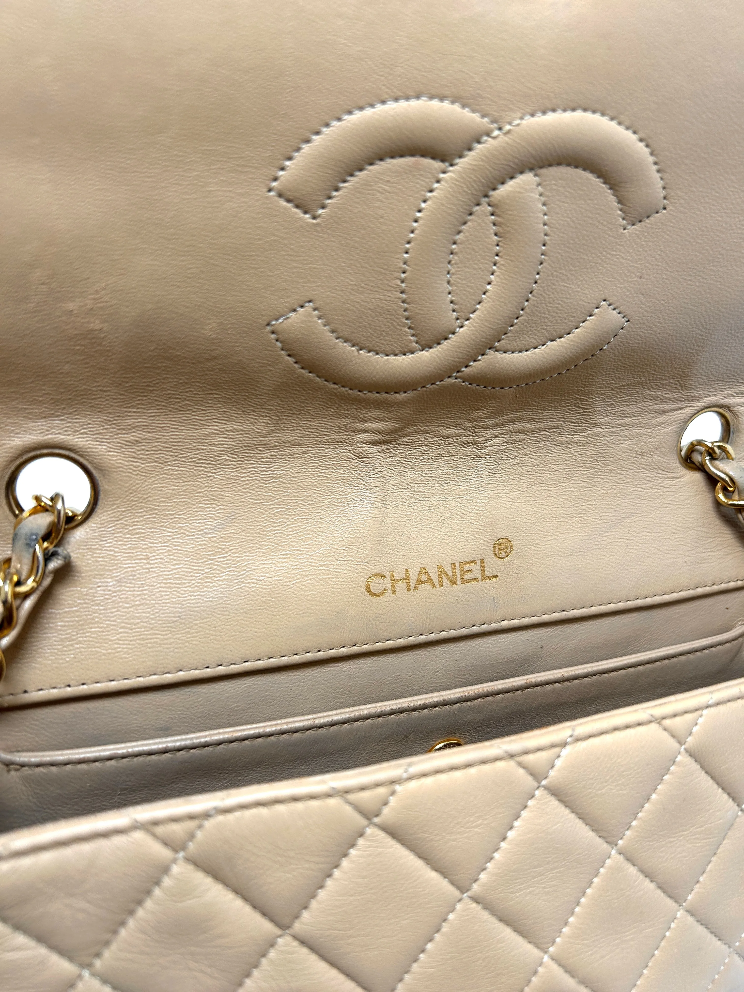 Chanel Beige Quilted Leather CC Logo Flap Shoulder Bag 24K Gold Plated