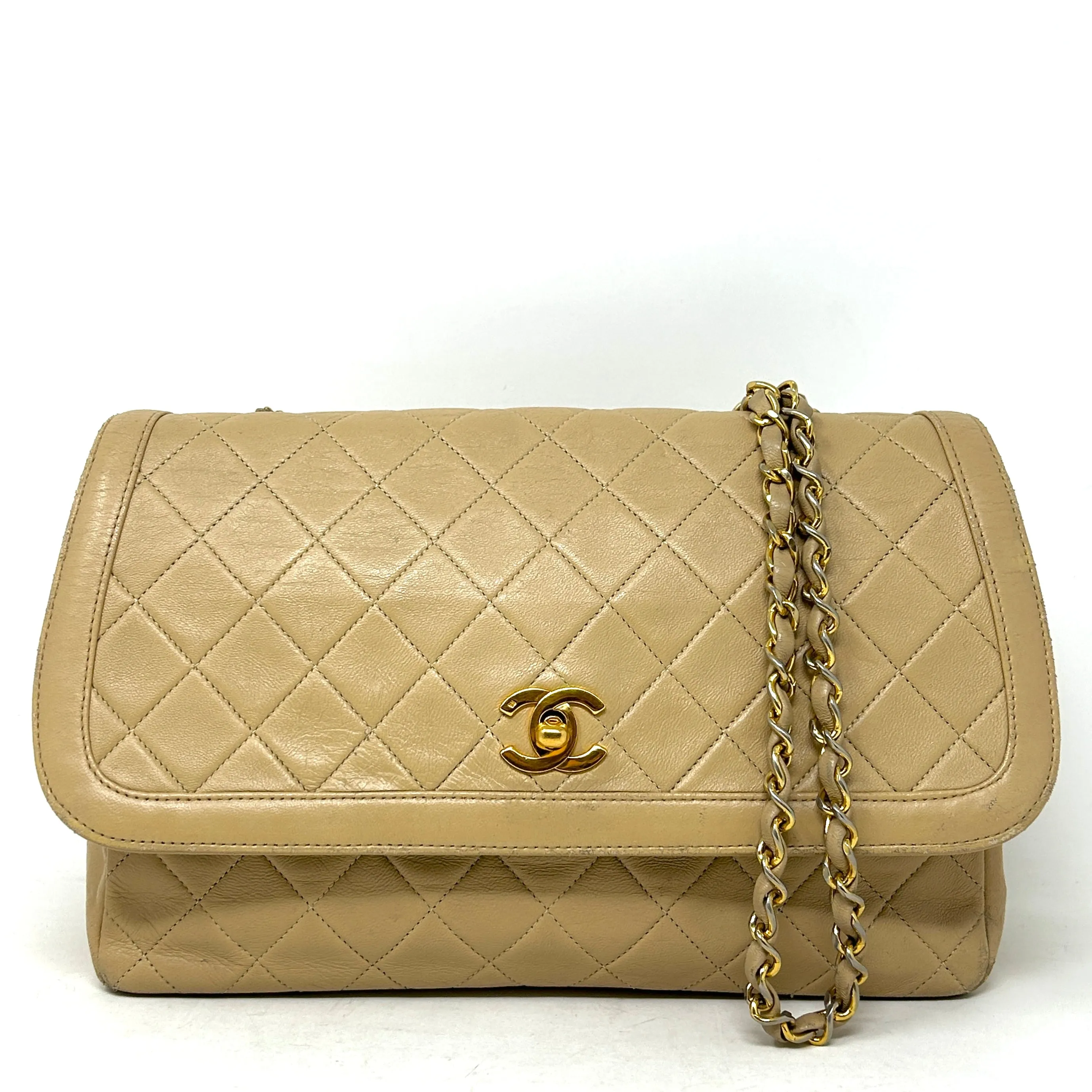 Chanel Beige Quilted Leather CC Logo Flap Shoulder Bag 24K Gold Plated