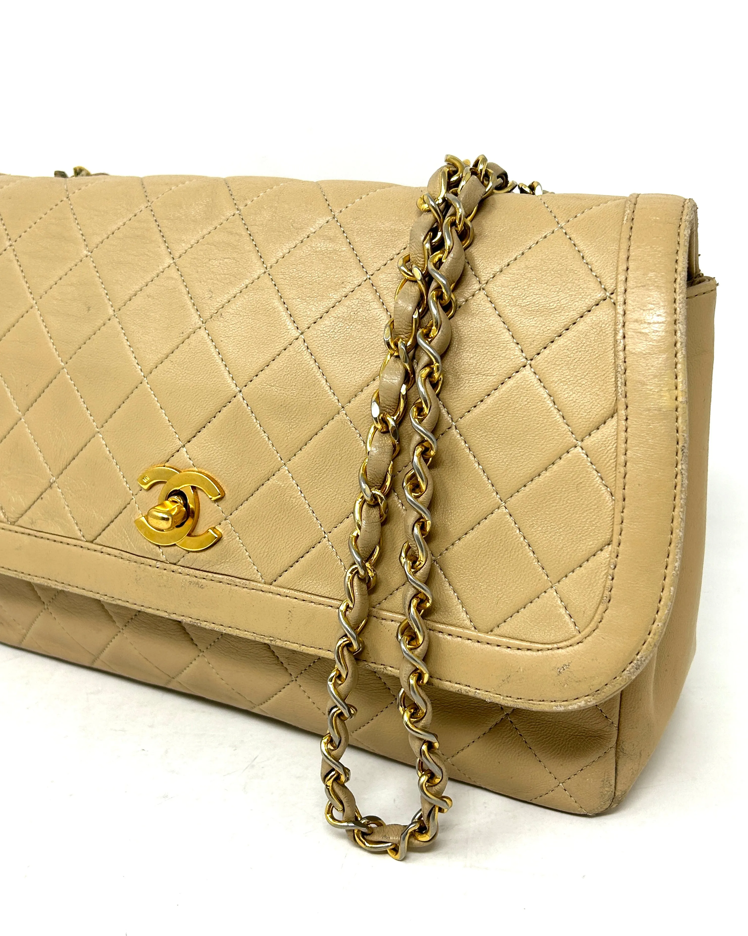 Chanel Beige Quilted Leather CC Logo Flap Shoulder Bag 24K Gold Plated