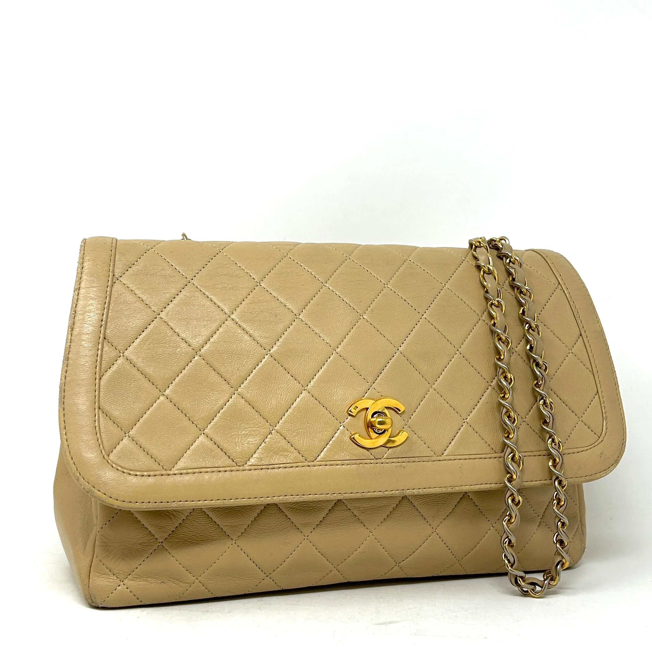 Chanel Beige Quilted Leather CC Logo Flap Shoulder Bag 24K Gold Plated