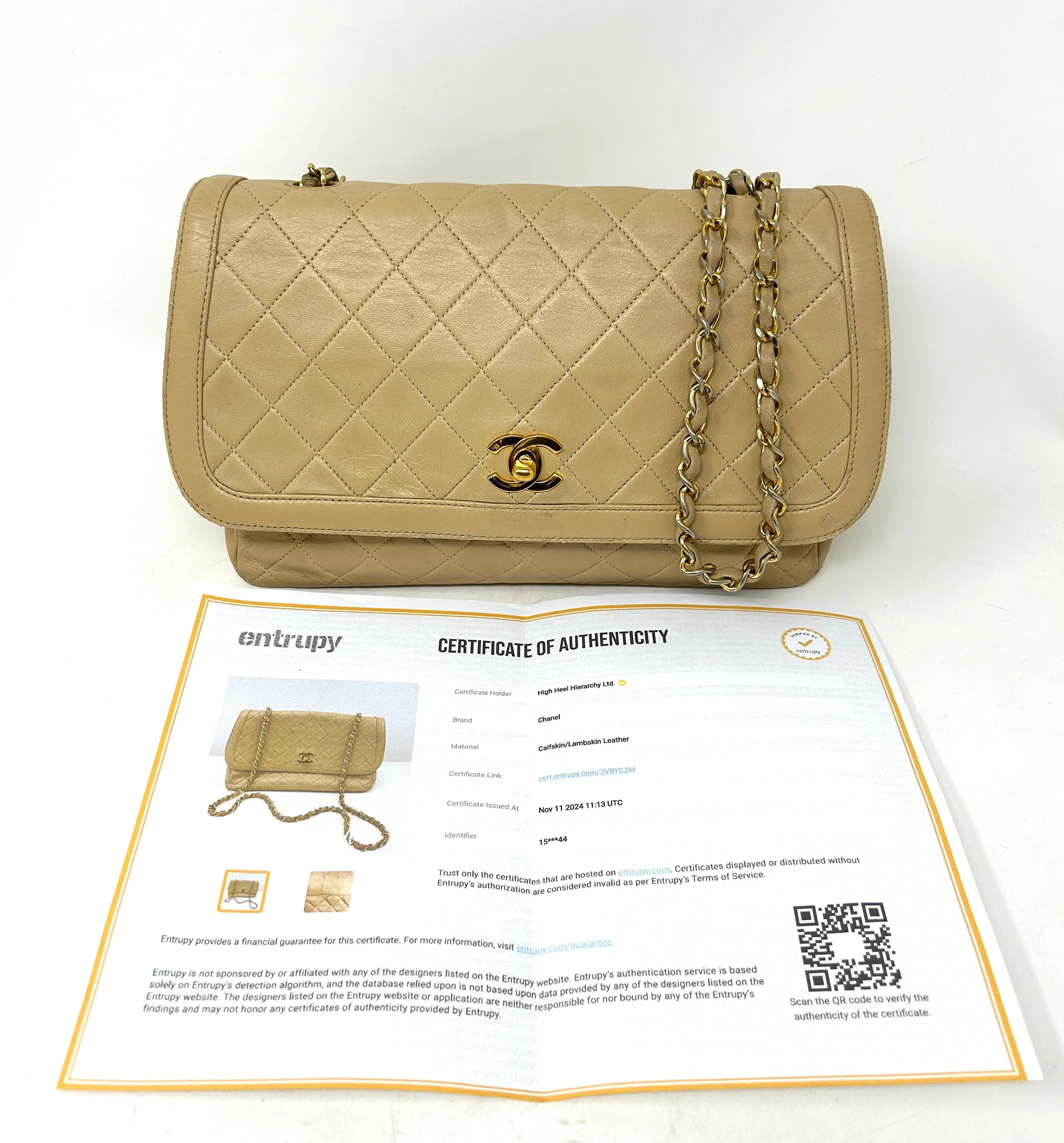 Chanel Beige Quilted Leather CC Logo Flap Shoulder Bag 24K Gold Plated