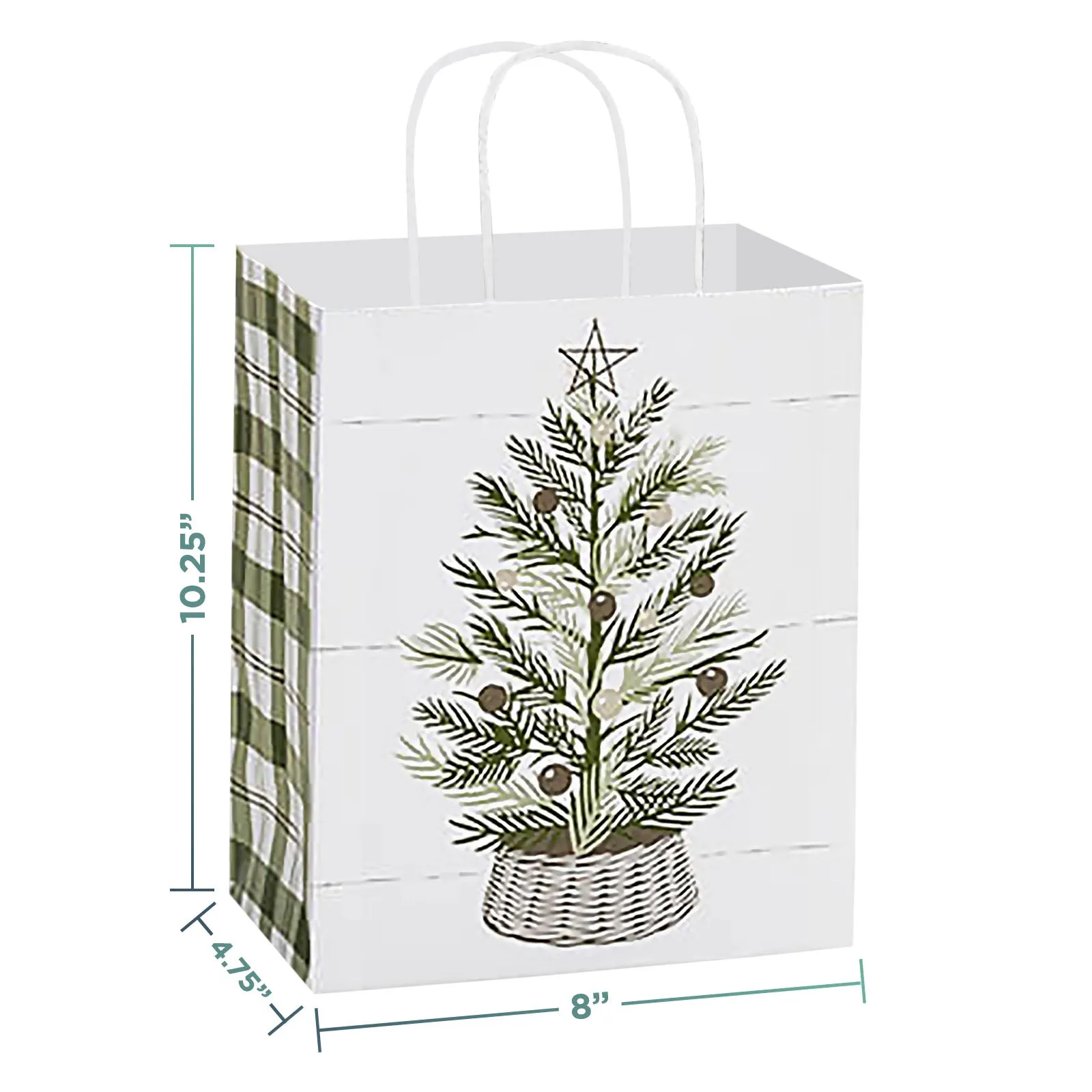 Christmas & Winter Farmhouse Plaid & Pine Paper Gift Bags and Party Favor Bags, Medium Size - 8 Inches x 4.75 Inches x 10.25 Inches (12 Pack)