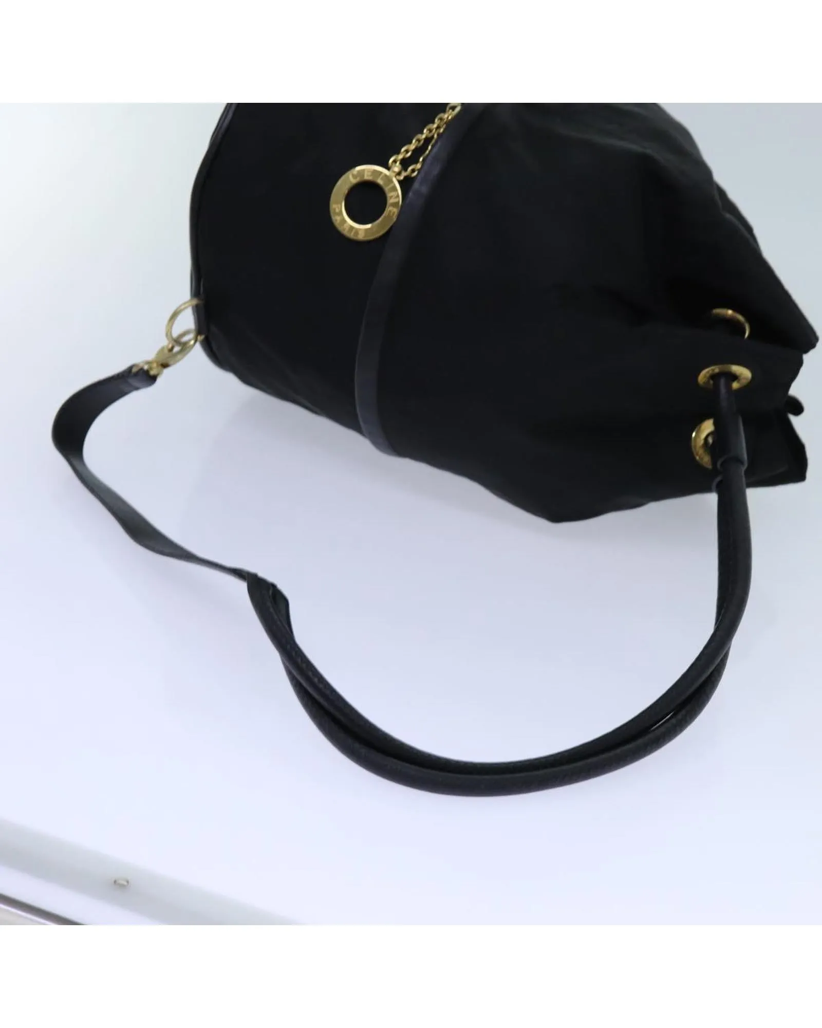 Circular Nylon Shoulder Bag with Shoulder Strap - Black