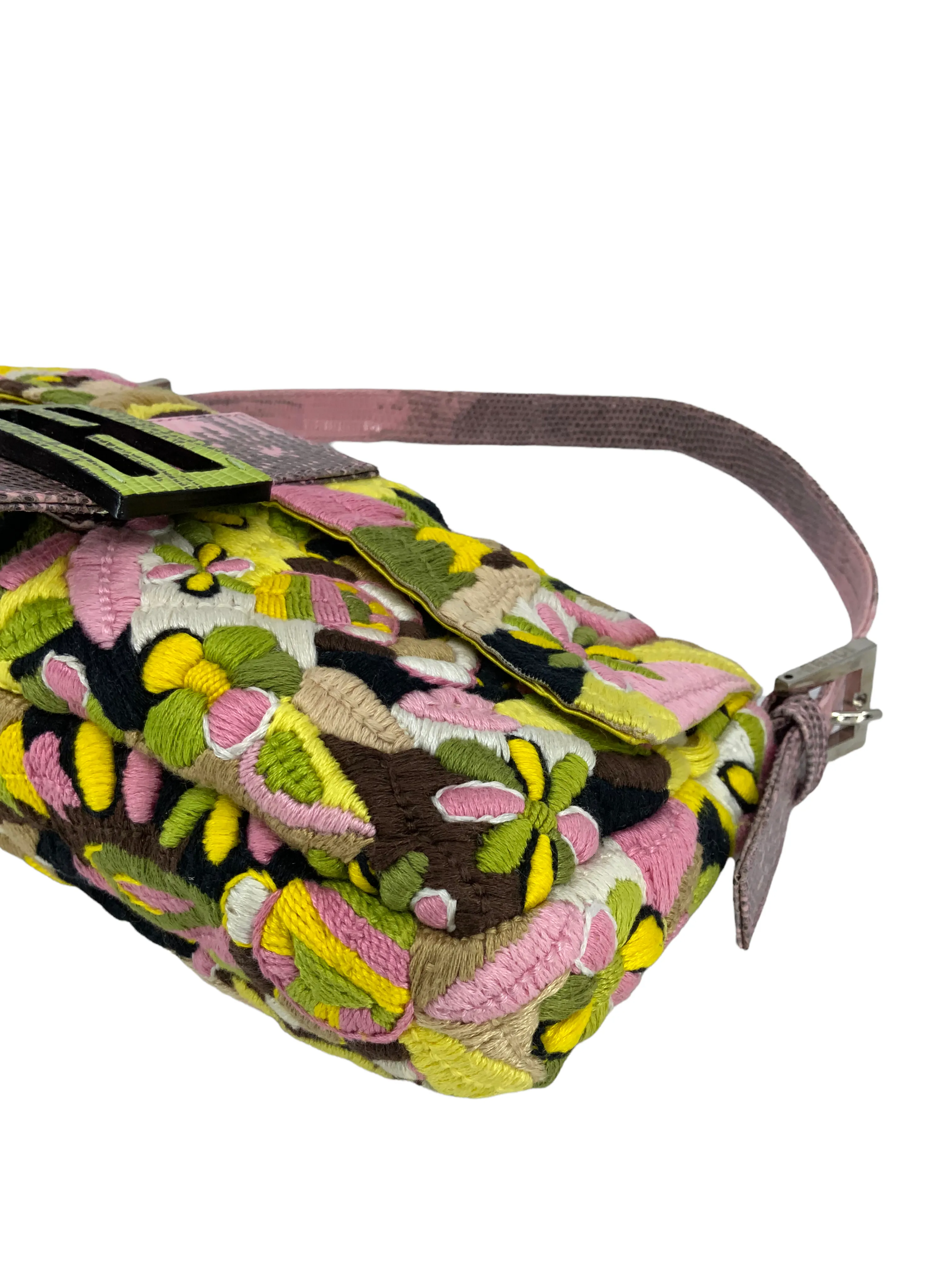 FENDI Lizard Embroidered Flower Baguette