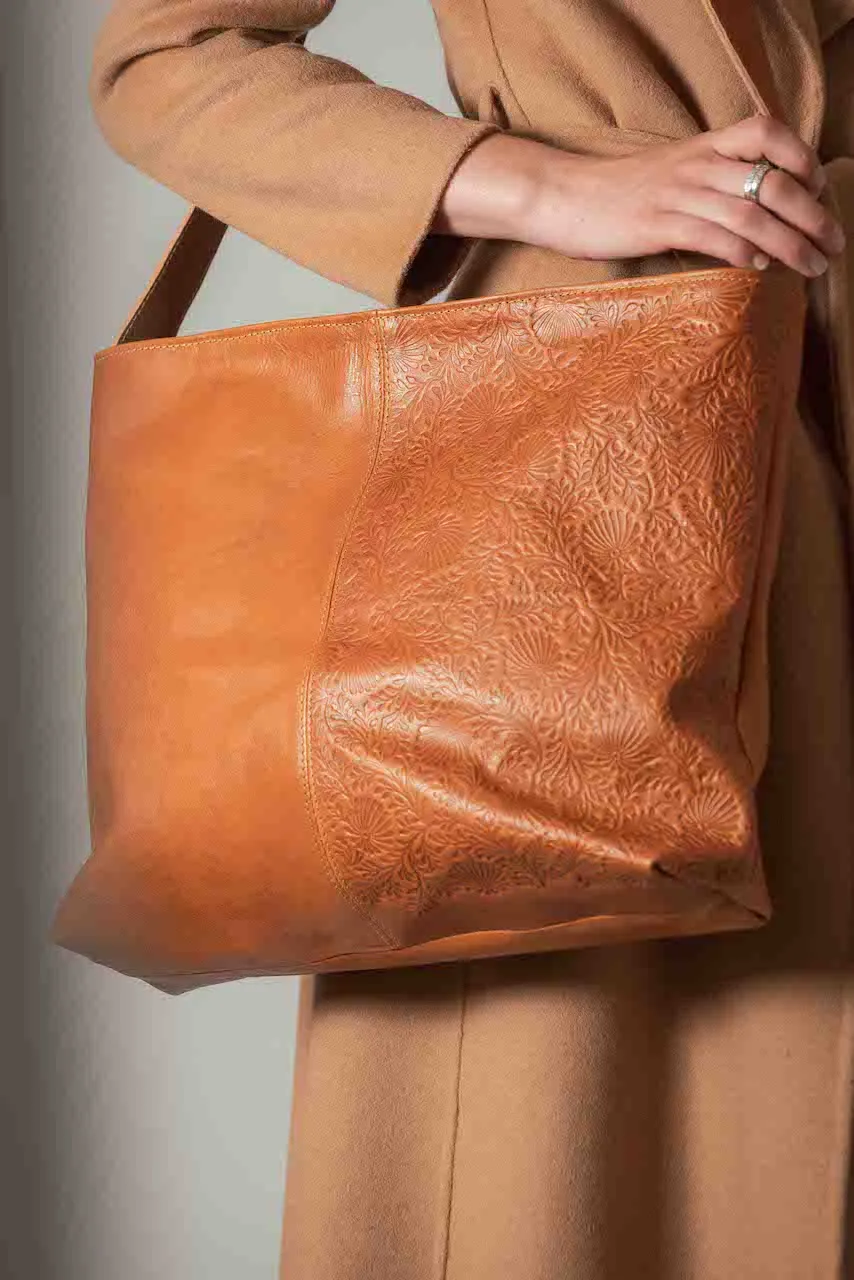 Harpers Emporium Leather Embossed Messenger Bag in Cognac