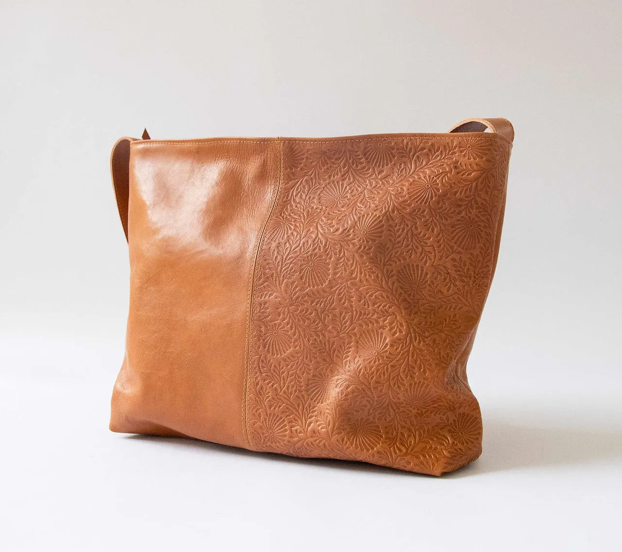 Harpers Emporium Leather Embossed Messenger Bag in Cognac