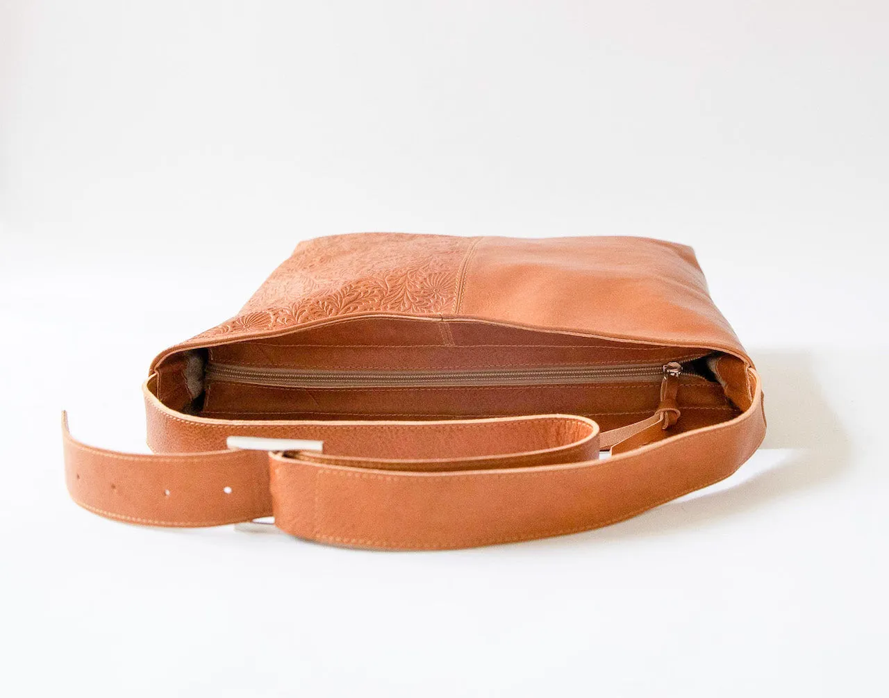 Harpers Emporium Leather Embossed Messenger Bag in Cognac