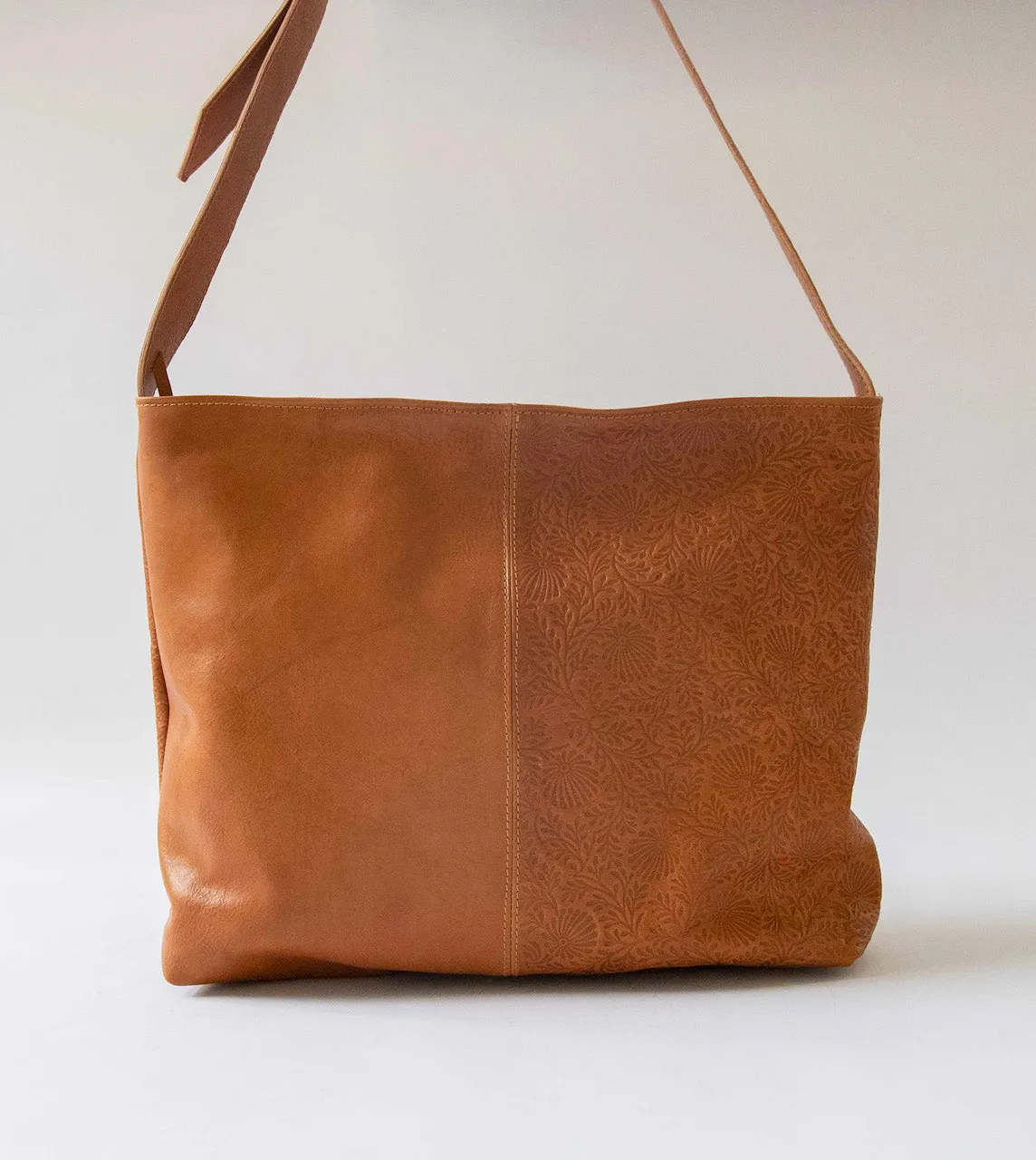 Harpers Emporium Leather Embossed Messenger Bag in Cognac