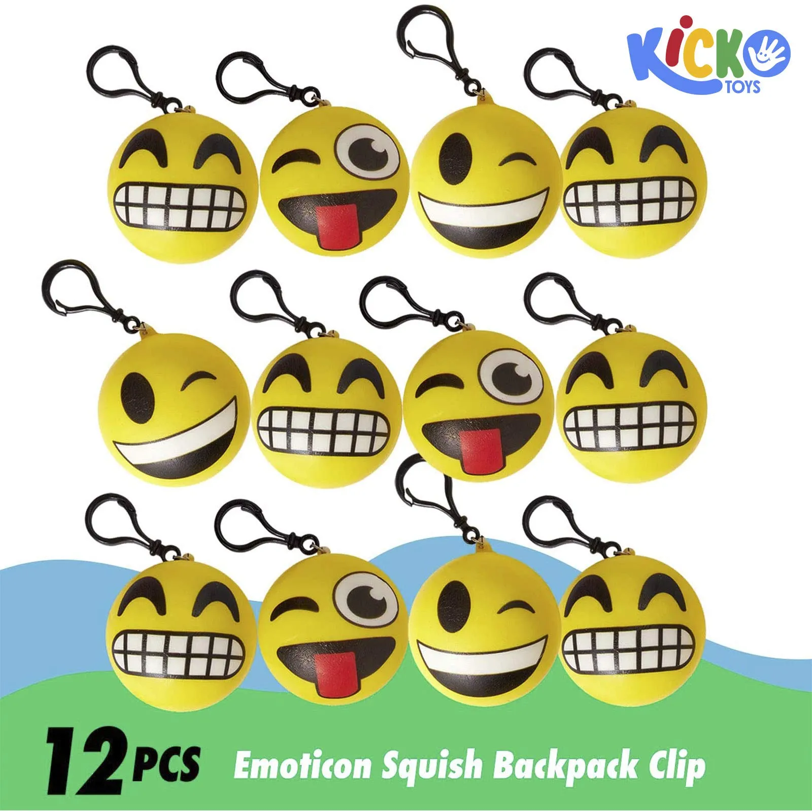 Kicko Emoticon Squish Backpack Clip - 12 Pack Emoticon Plush Keychain - Cute Emoji