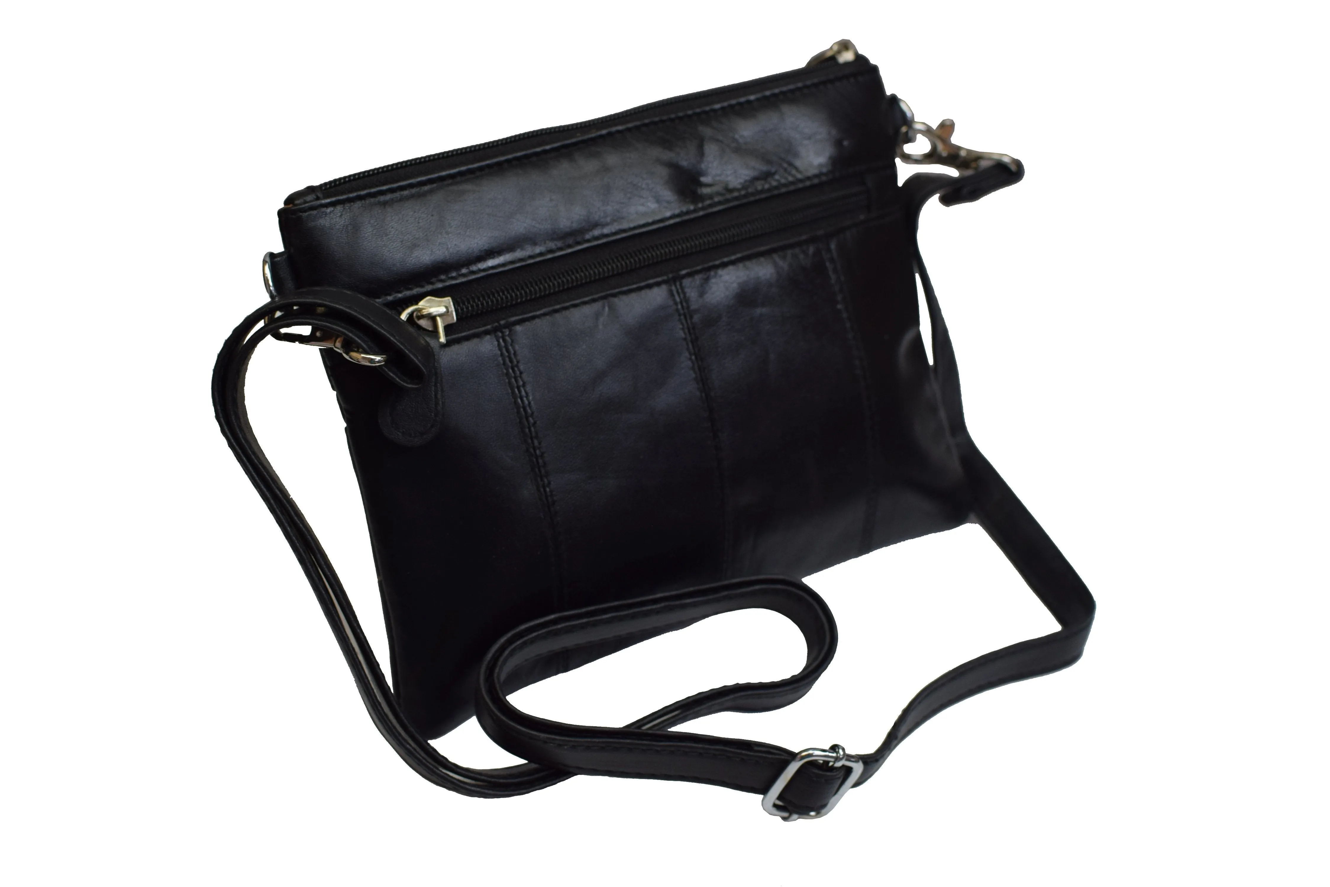 Ladies Black Genuine Leather Small Crossbody & Shoulder Bag with 4 Zipper Pockets Womens 804BK