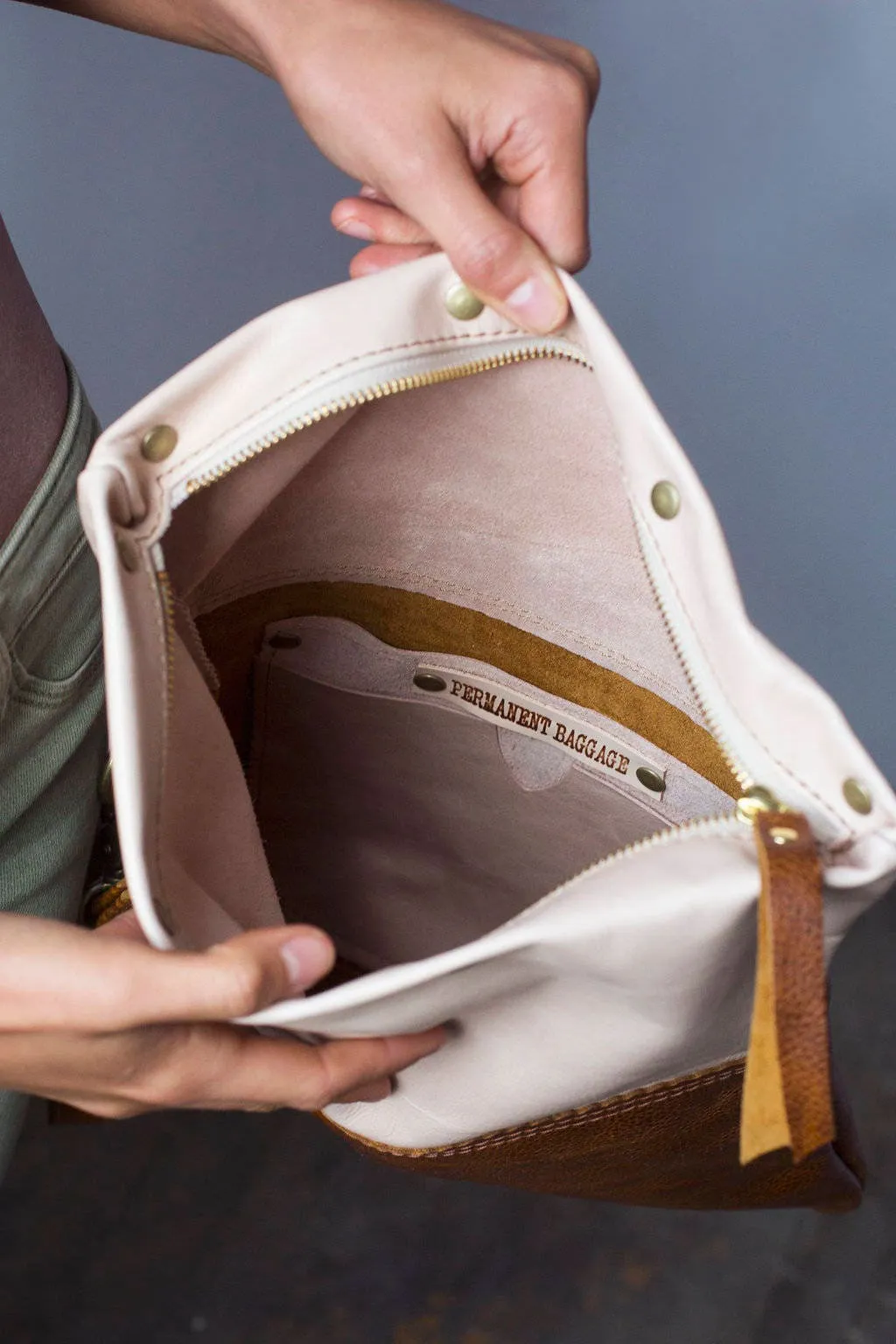 Large Leather Foldover Crossbody Bag - Distressed Yellow Brown Leather With Hand Painted Navy Ochre and Turquoise Top