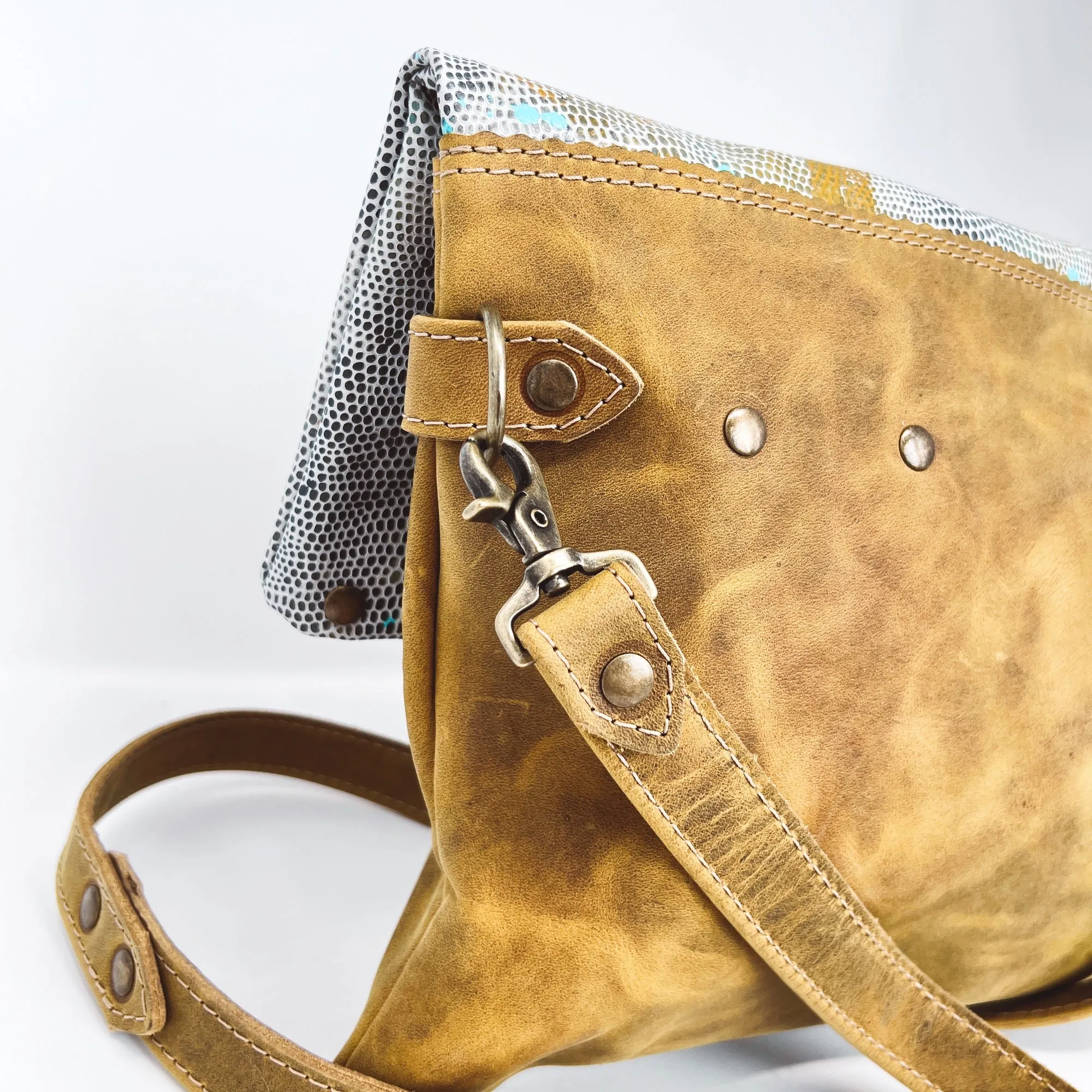 Large Leather Foldover Crossbody Bag - Distressed Yellow Brown Leather With Hand Painted Navy Ochre and Turquoise Top