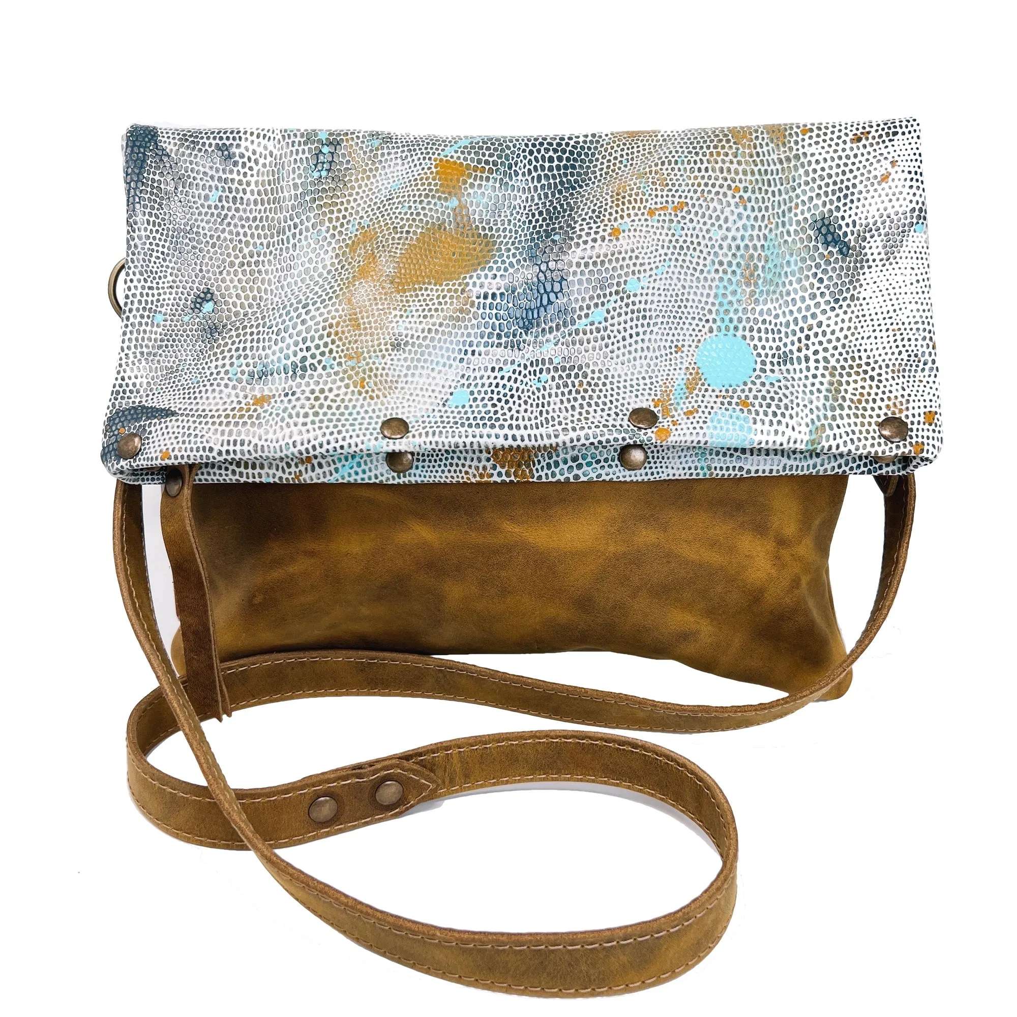 Large Leather Foldover Crossbody Bag - Distressed Yellow Brown Leather With Hand Painted Navy Ochre and Turquoise Top