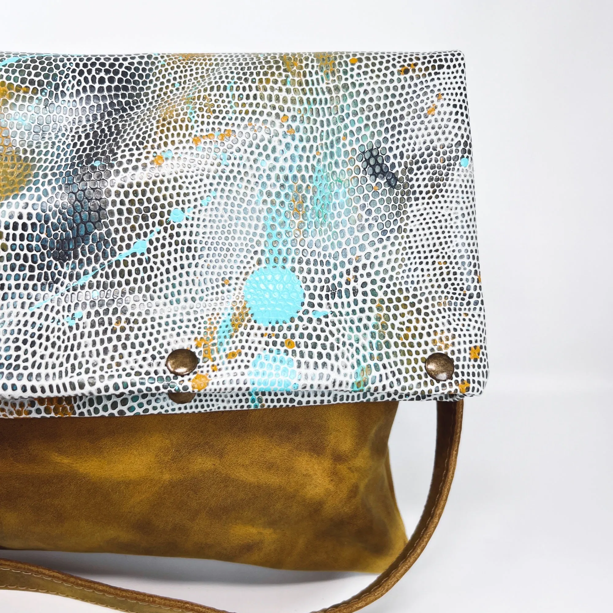 Large Leather Foldover Crossbody Bag - Distressed Yellow Brown Leather With Hand Painted Navy Ochre and Turquoise Top