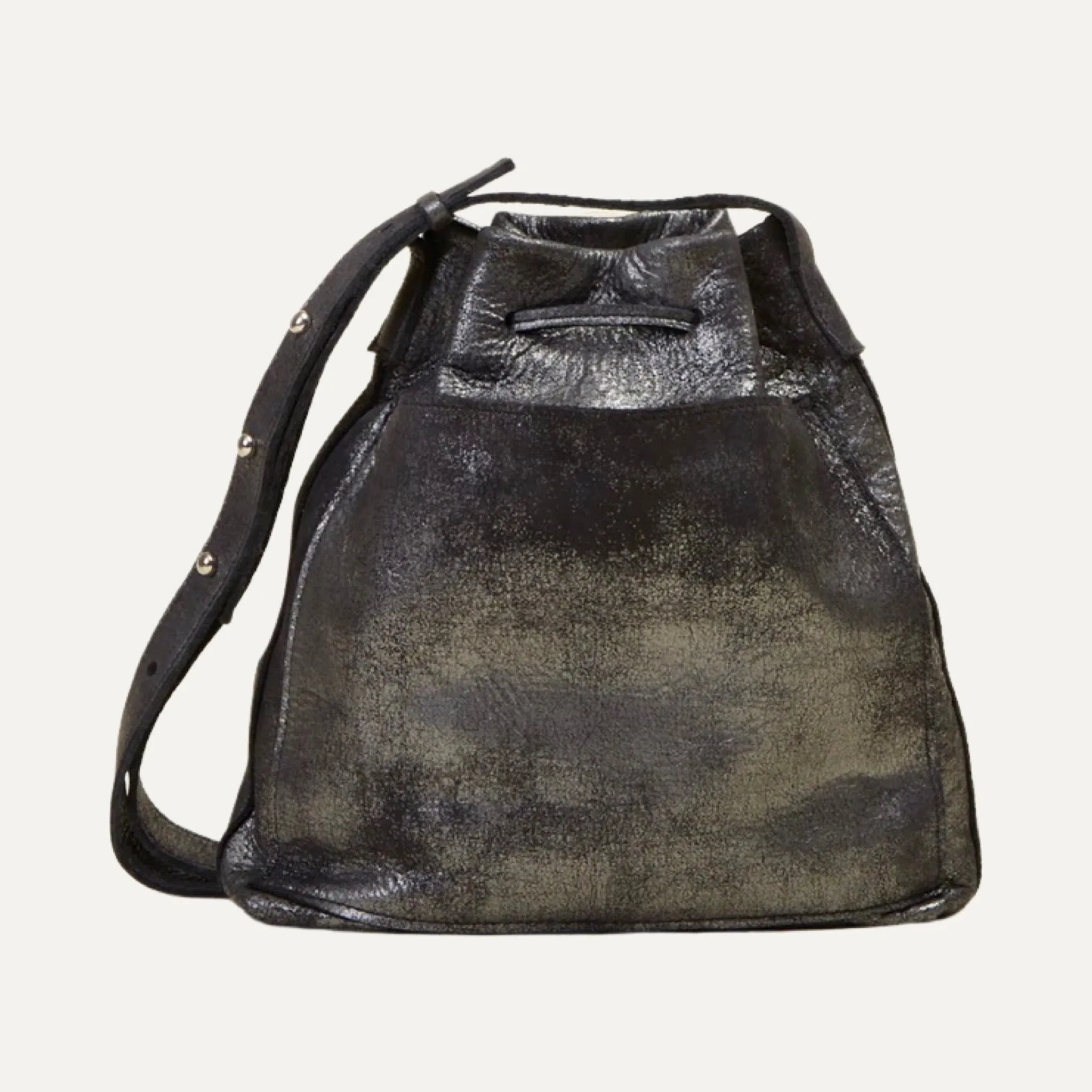 Mini Crossbody Tote | Black Metallic Leather   Silver Hardware